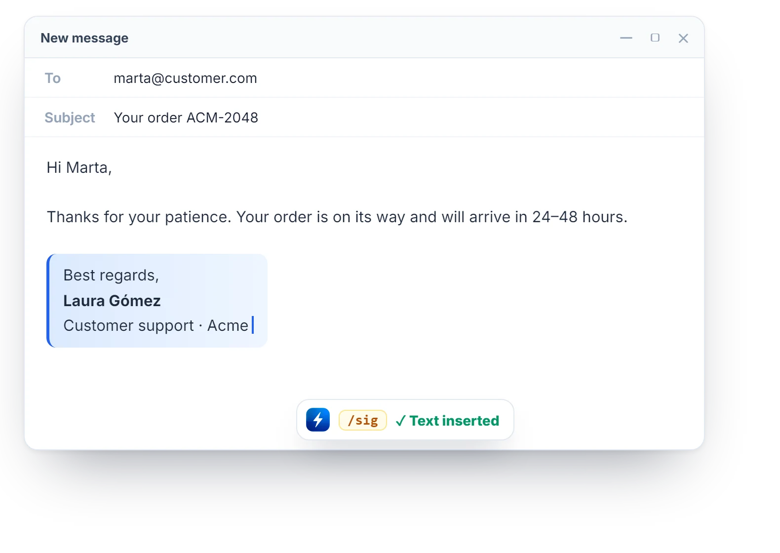 E-mail dans lequel le raccourci /sig a été remplacé par la signature complète