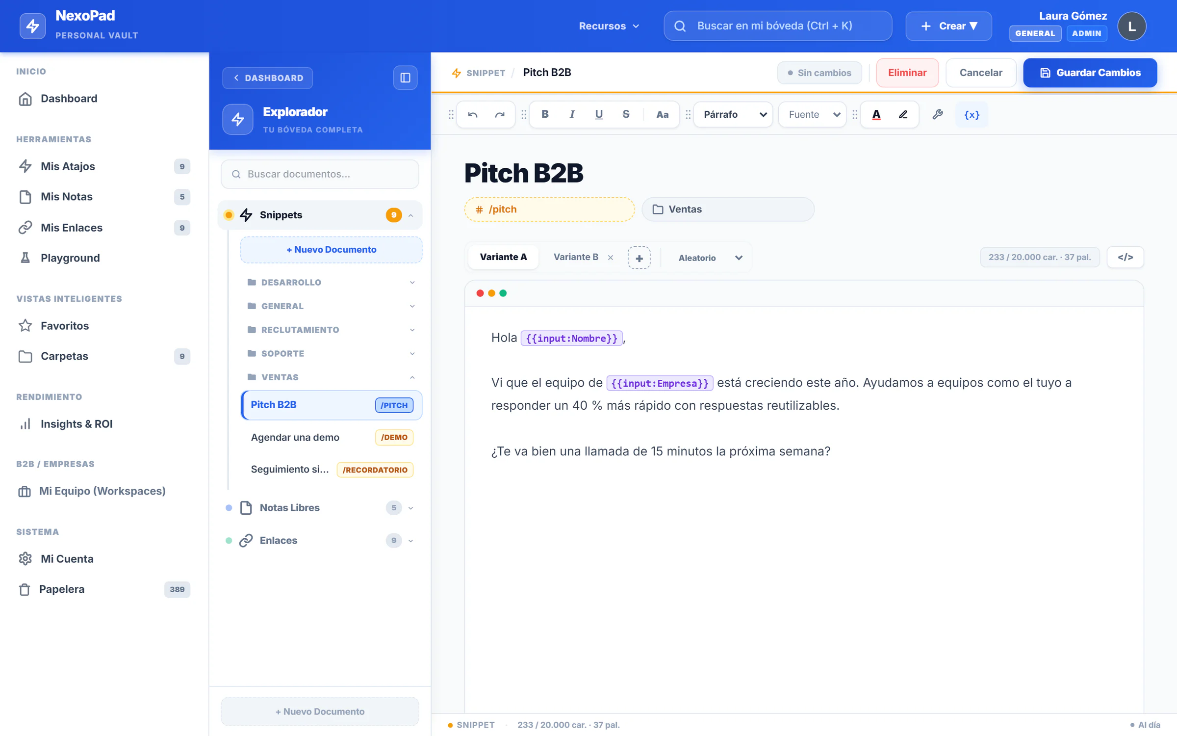 Editor de snippets del dashboard con variantes A/B