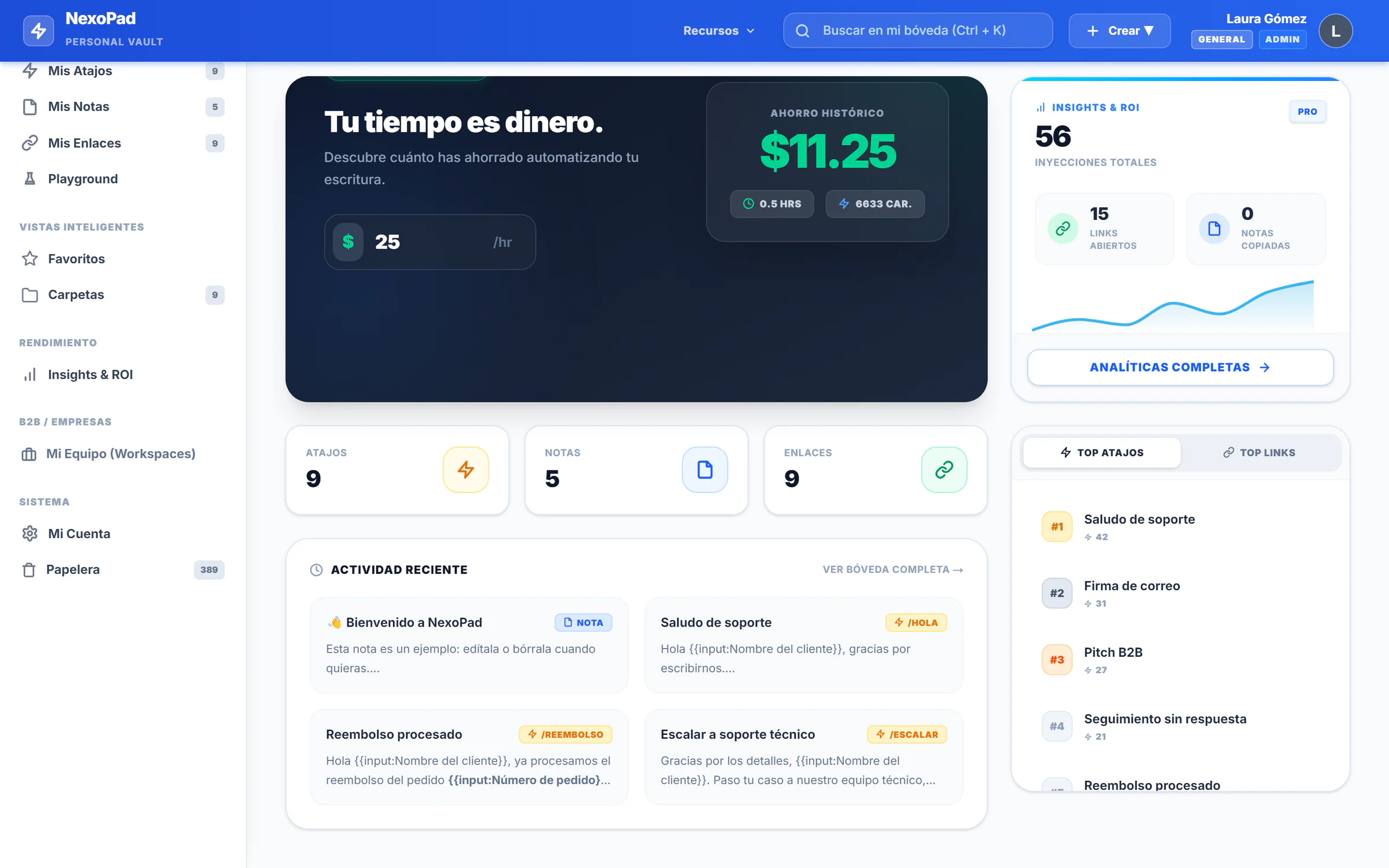 Inicio del dashboard web de NexoPad