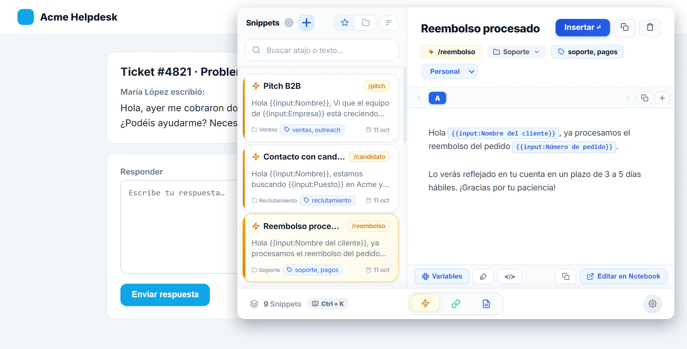 Popup de NexoPad con la vista Snippets abierto sobre una web de soporte