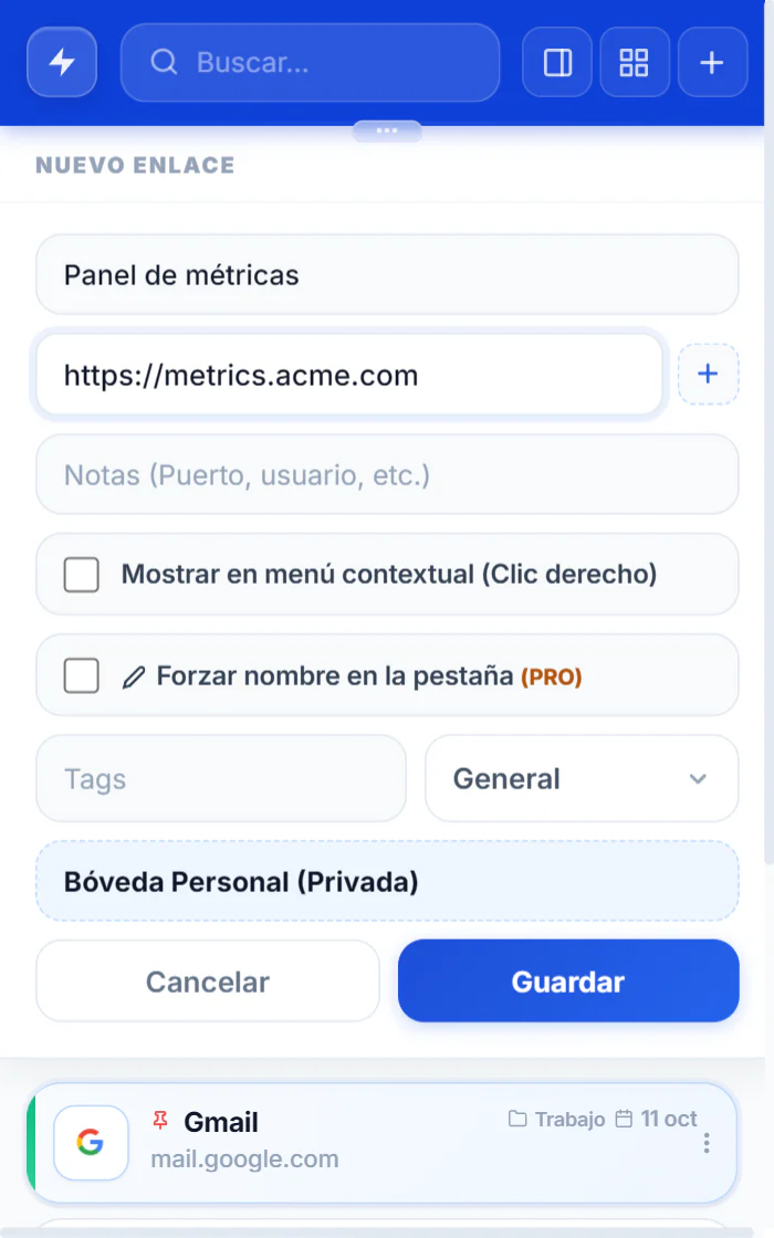 Formulario para guardar un enlace