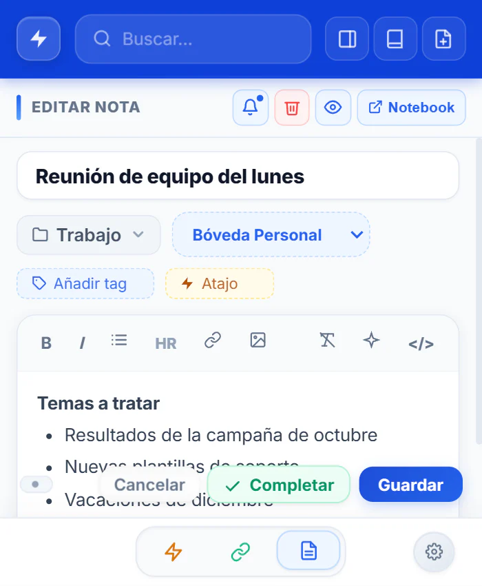 Vista Notas del popup de NexoPad