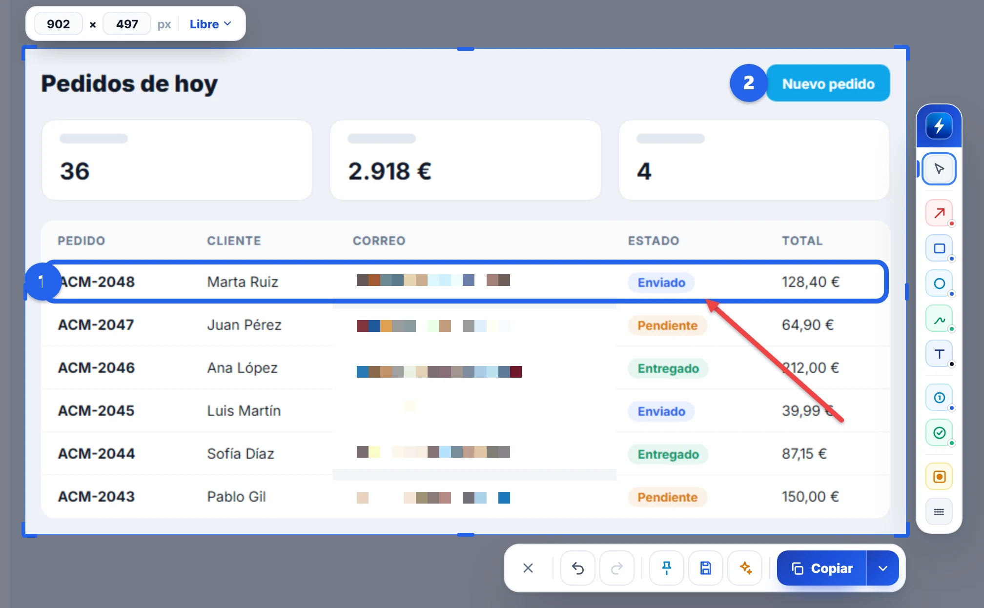 Editor de capturas con números, una flecha, un recuadro y los correos pixelados