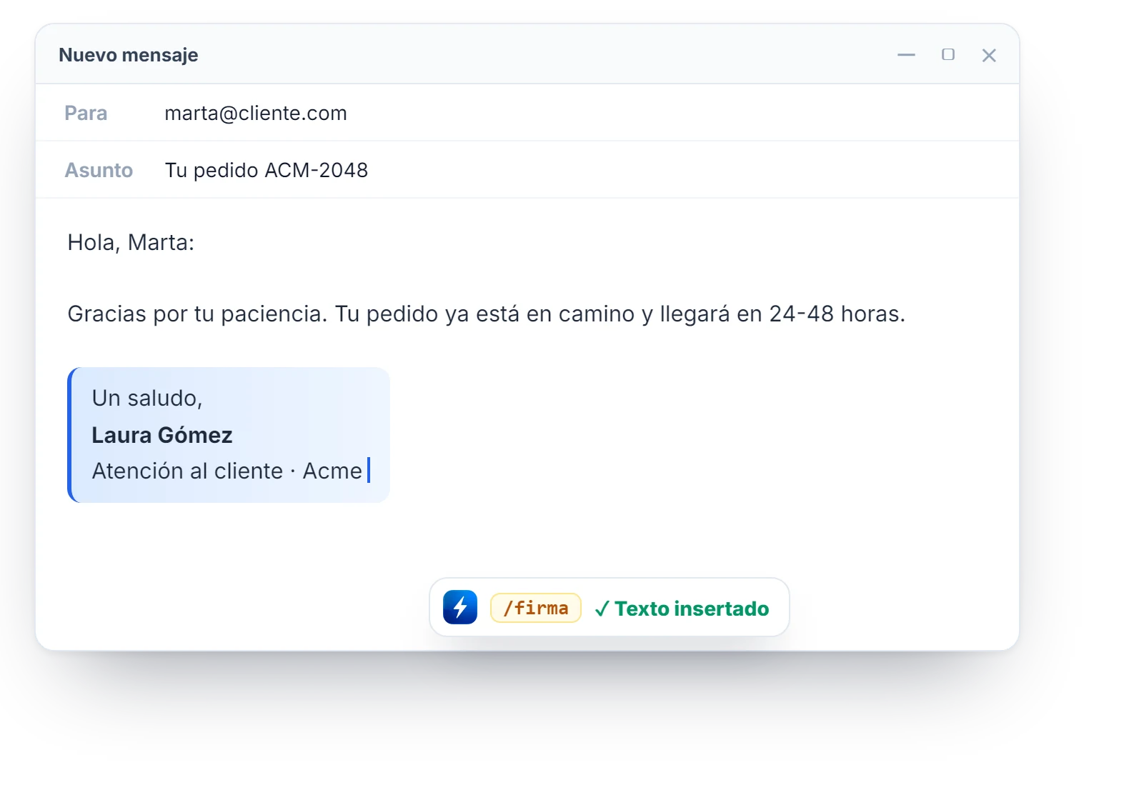 Correo en el que el atajo /firma se ha cambiado por la firma completa