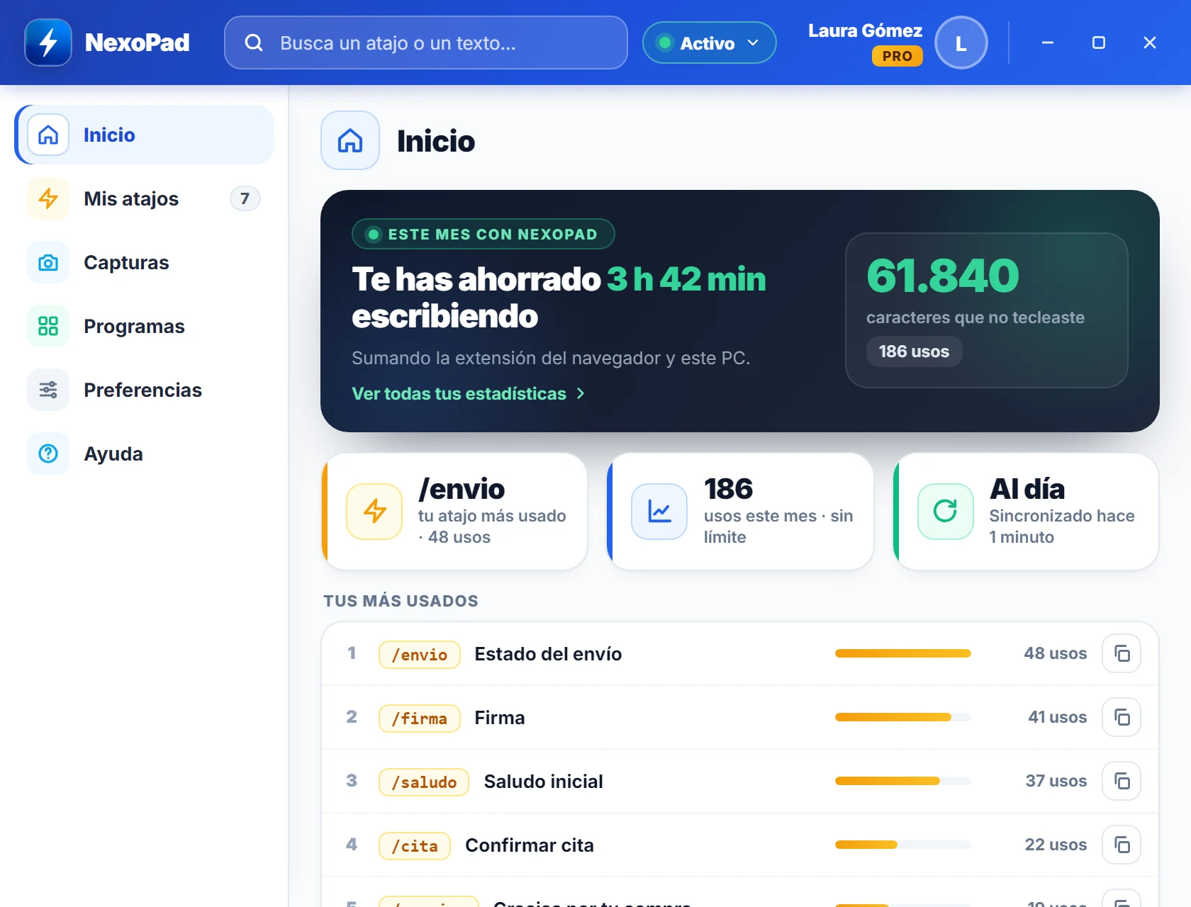 Ventana de NexoPad para Windows con el ahorro del mes y los atajos más usados