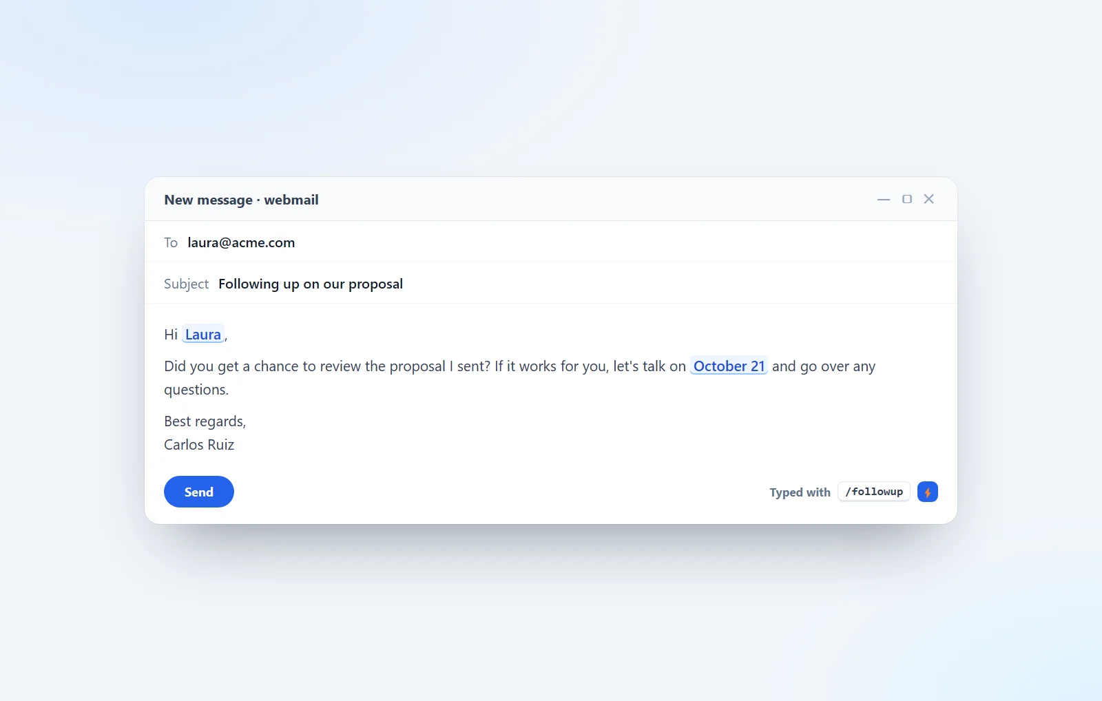 E-mail de relance inséré avec un raccourci dans un webmail, avec le prénom et la date déjà remplis