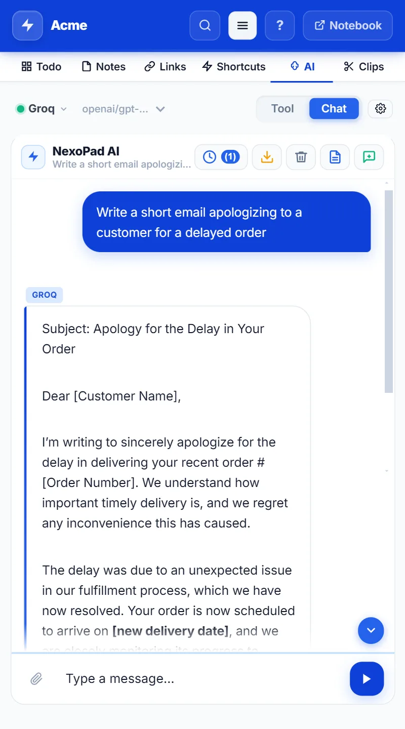 Chat IA dans le panneau latéral de NexoPad avec un e-mail d'excuses