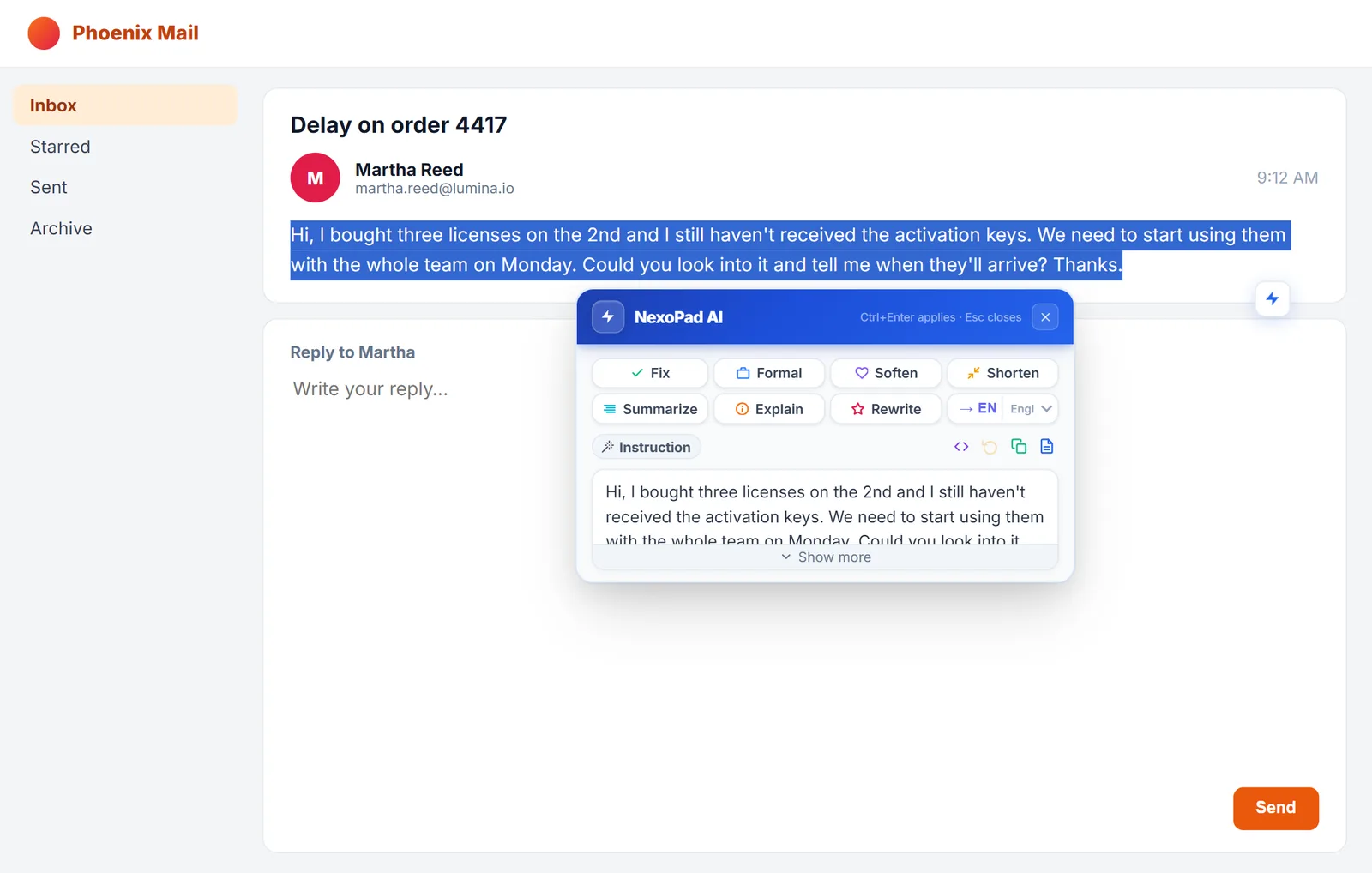 NexoPad-KI-Fenster über einer markierten E-Mail