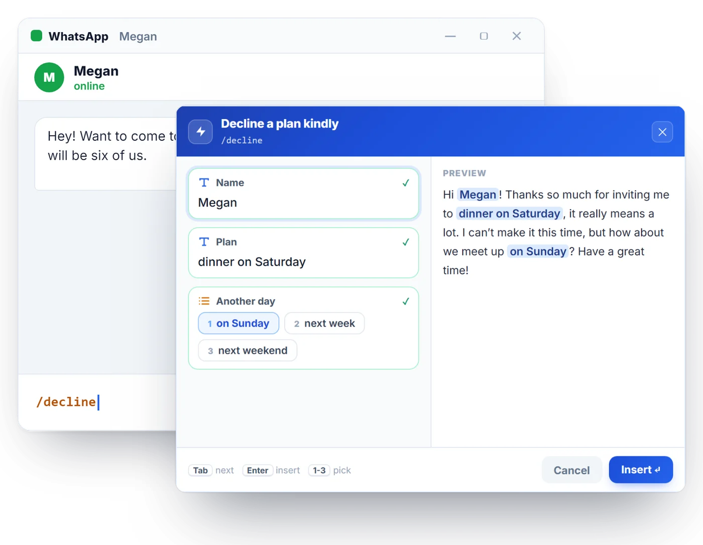 Conversa no WhatsApp para desktop com um convite para jantar no sábado e o formulário do NexoPad para Windows do atalho /decline, pedindo o nome, o programa e outro dia em uma lista