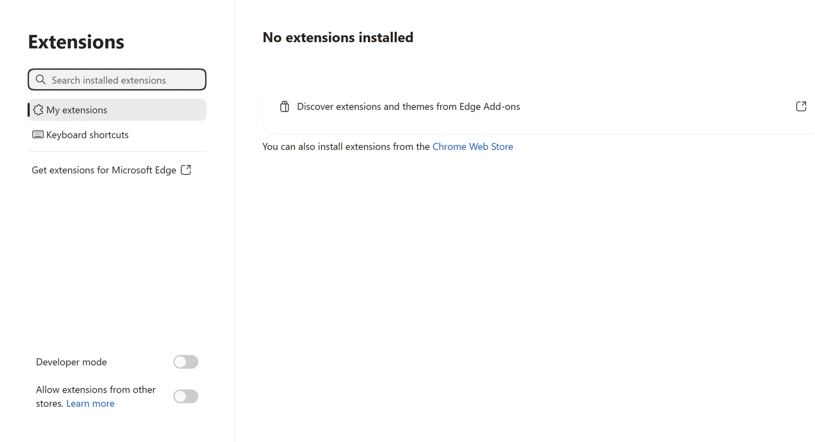 Página edge://extensions do Microsoft Edge com a pesquisa, a lista de extensões, os atalhos de teclado e as chaves do modo para desenvolvedores e de extensões de outras lojas