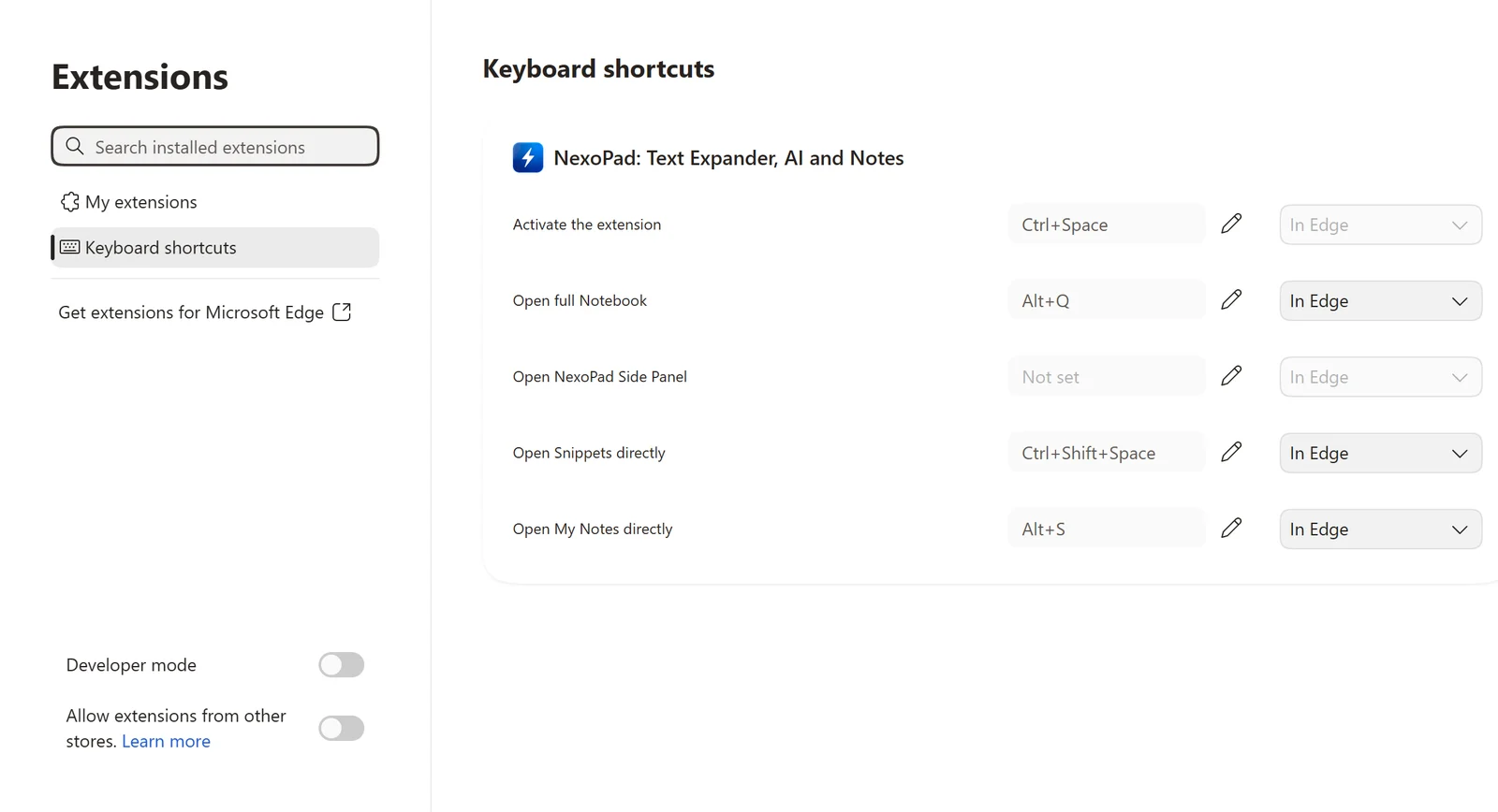 Página edge://extensions/shortcuts com os atalhos do NexoPad: ativar a extensão com Ctrl+Space, Notebook completo com Alt+Q, snippets com Ctrl+Shift+Space e notas com Alt+S