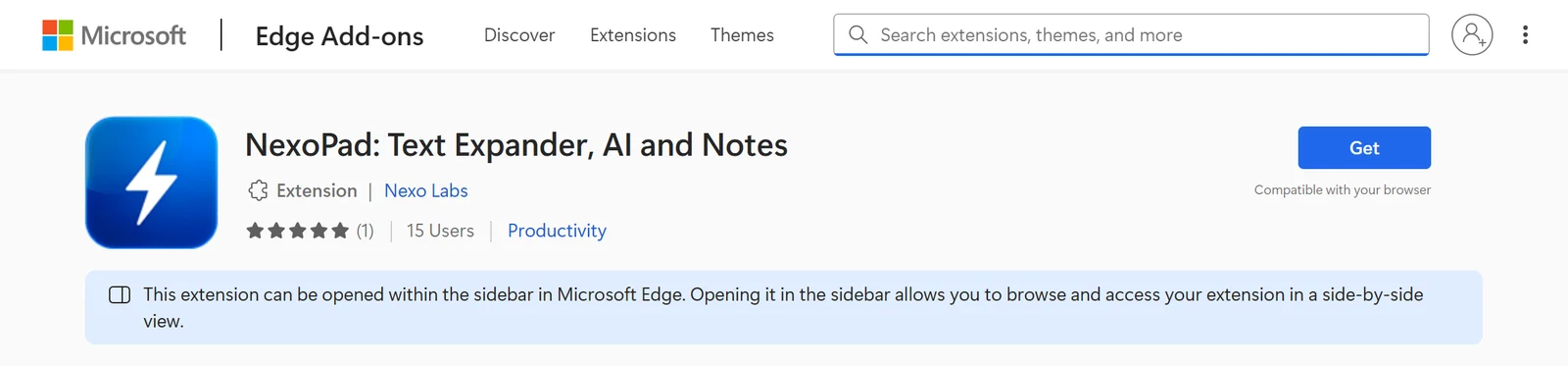 Página do NexoPad na loja de complementos do Edge com o botão Obter