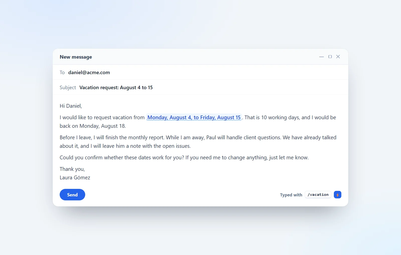 Beispiel für eine E-Mail mit Urlaubsantrag an die Führungskraft, mit den Daten im Betreff