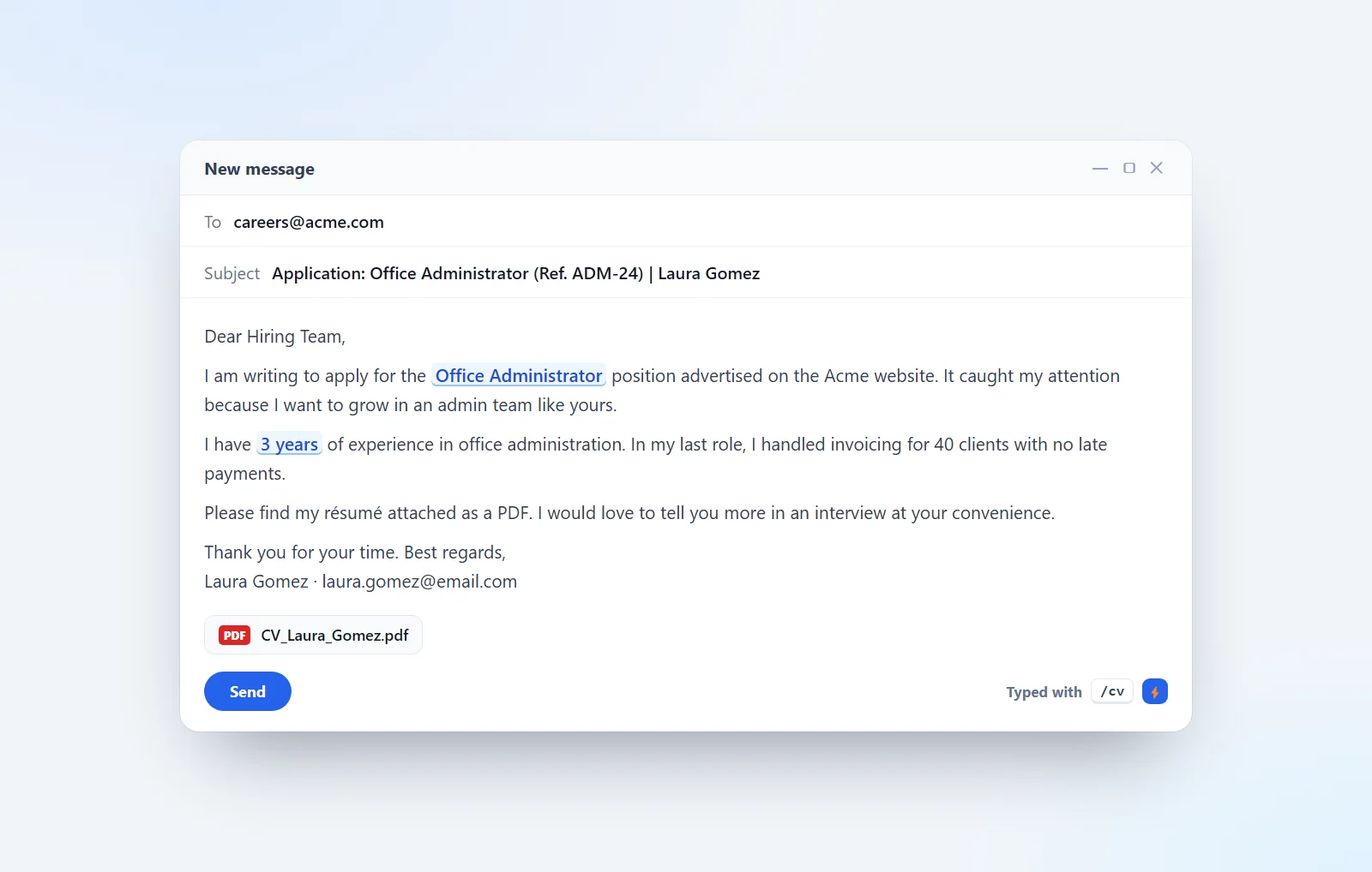 Beispiel einer Bewerbungs-E-Mail auf eine Stellenanzeige, mit dem Lebenslauf als PDF im Anhang