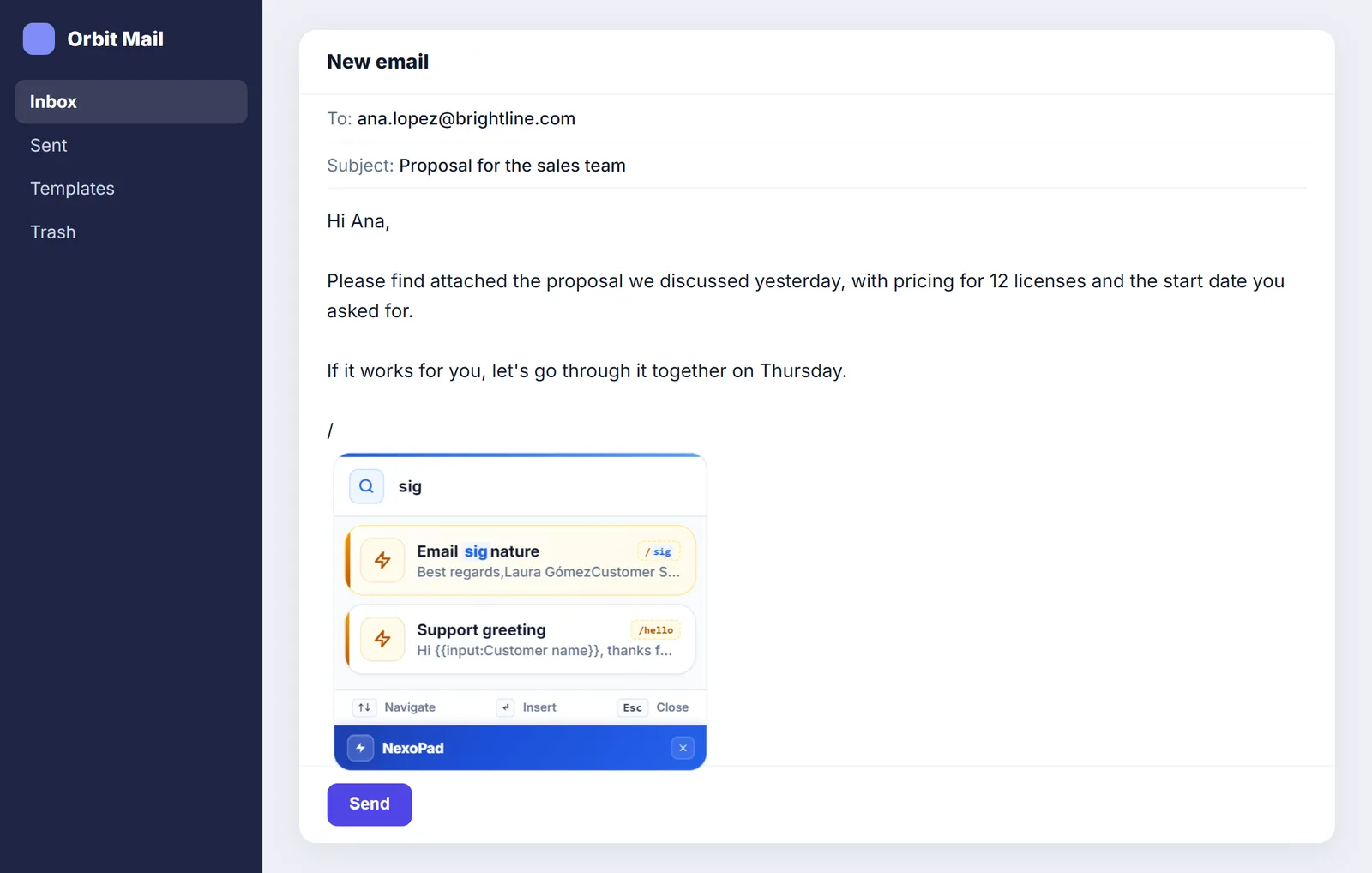 NexoPad-Suche, die die E-Mail-Signatur in einer neuen E-Mail zeigt