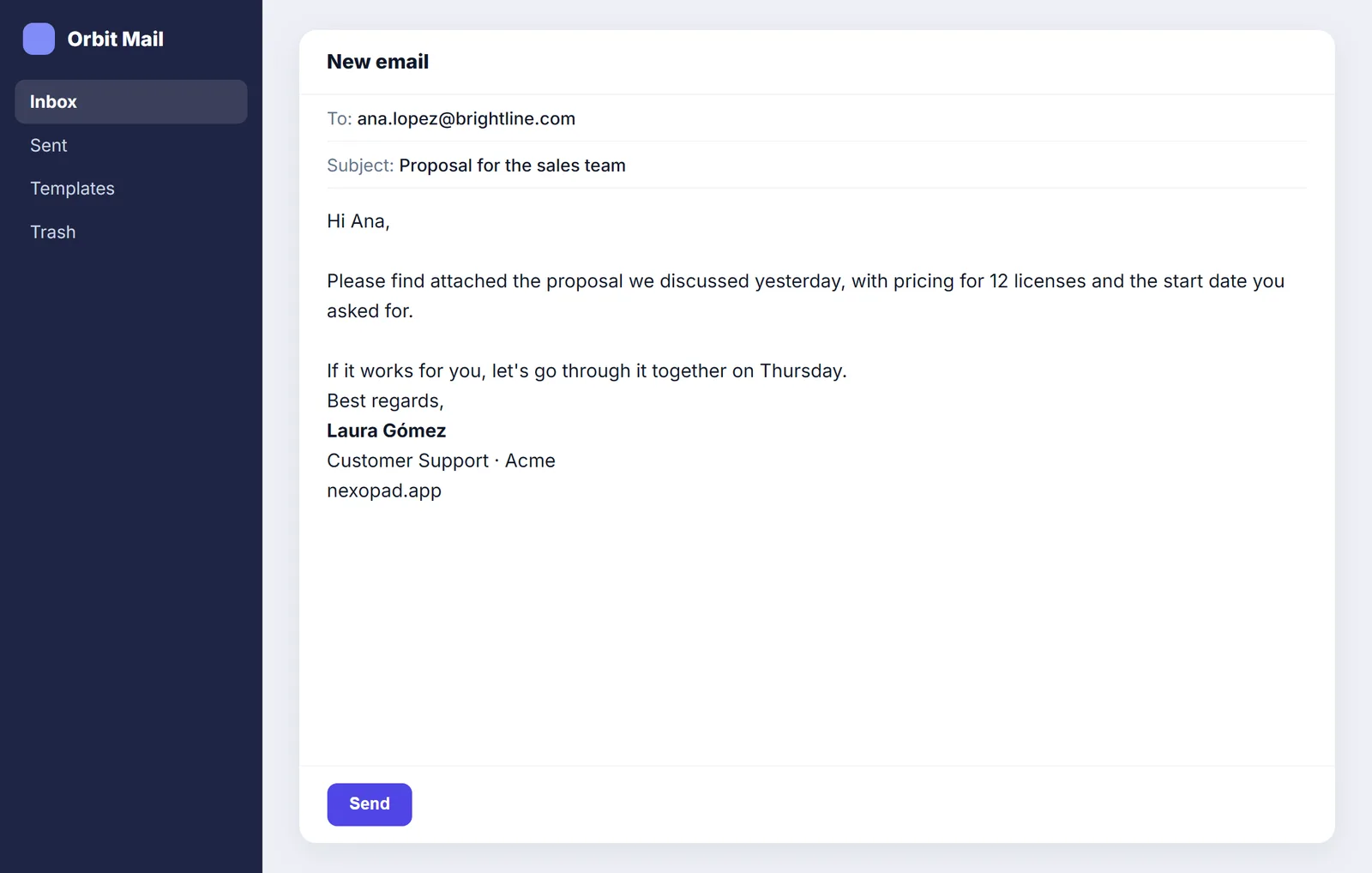 Email signature inserted at the end of an email with the name in bold