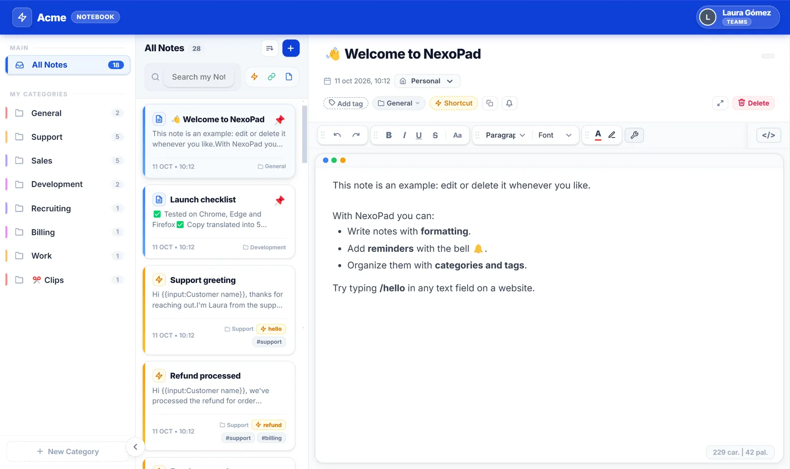 NexoPad-Notebook mit einer formatierten Notiz