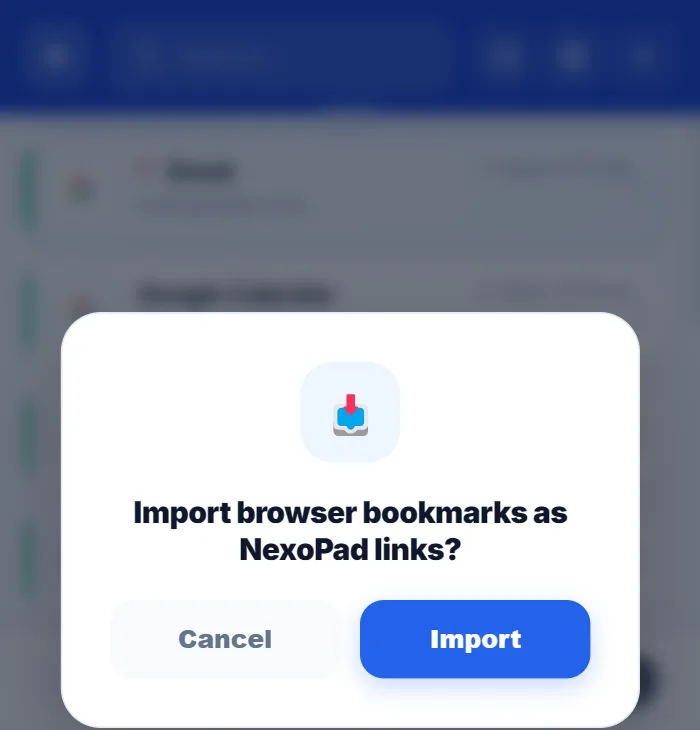 NexoPad-Fenster zum Importieren der Browser-Lesezeichen