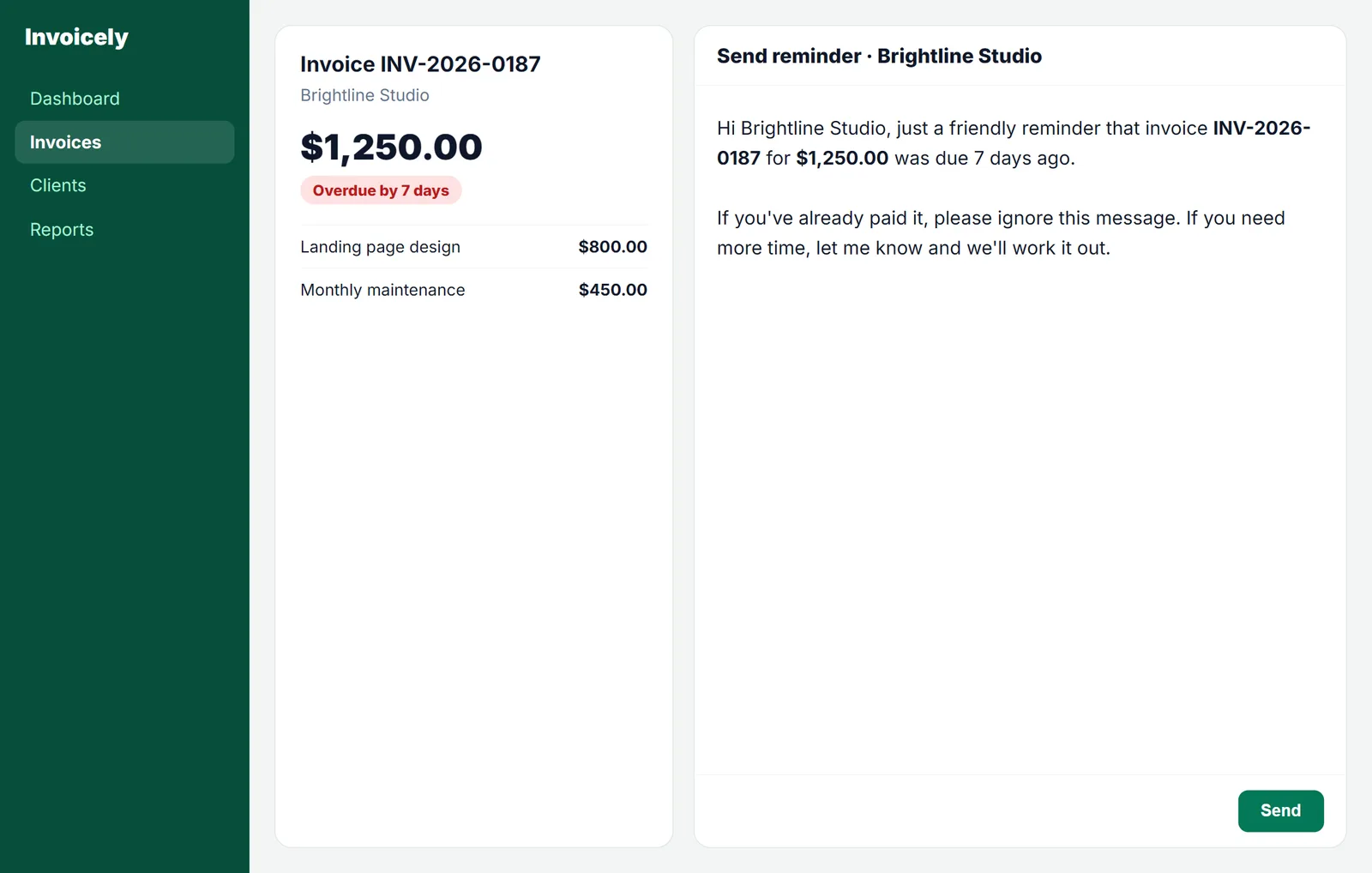 Payment reminder inserted in an invoicing tool