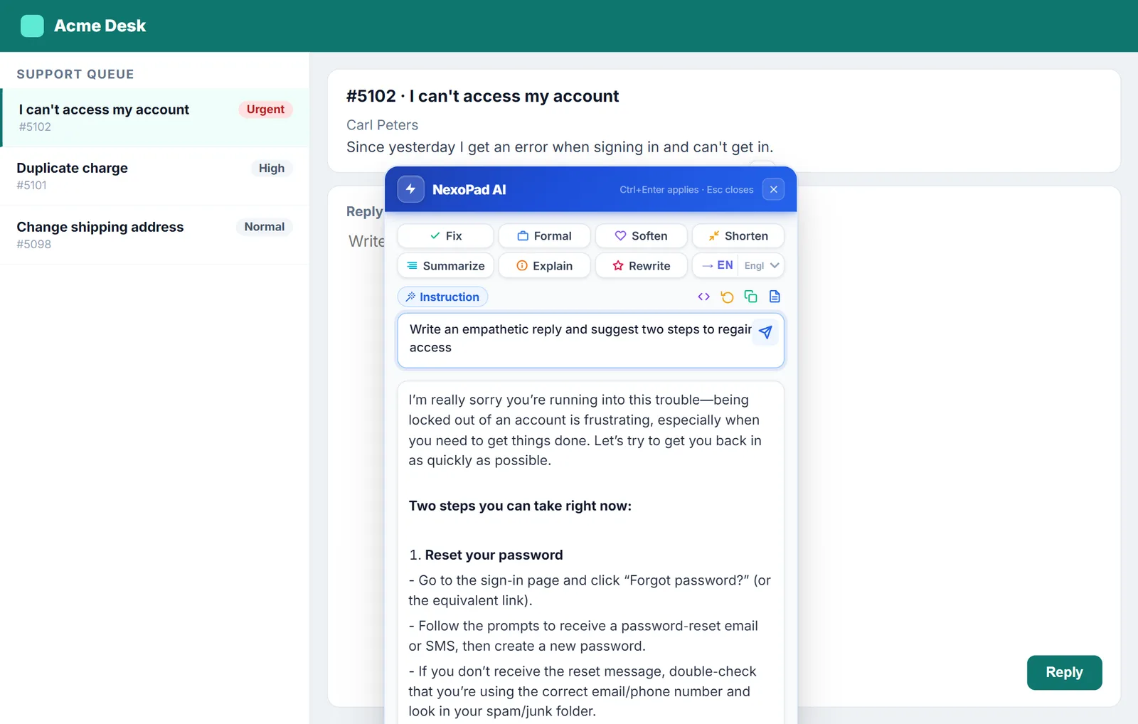 KI-Anweisung von NexoPad zu einem Support-Ticket mit der generierten Antwort
