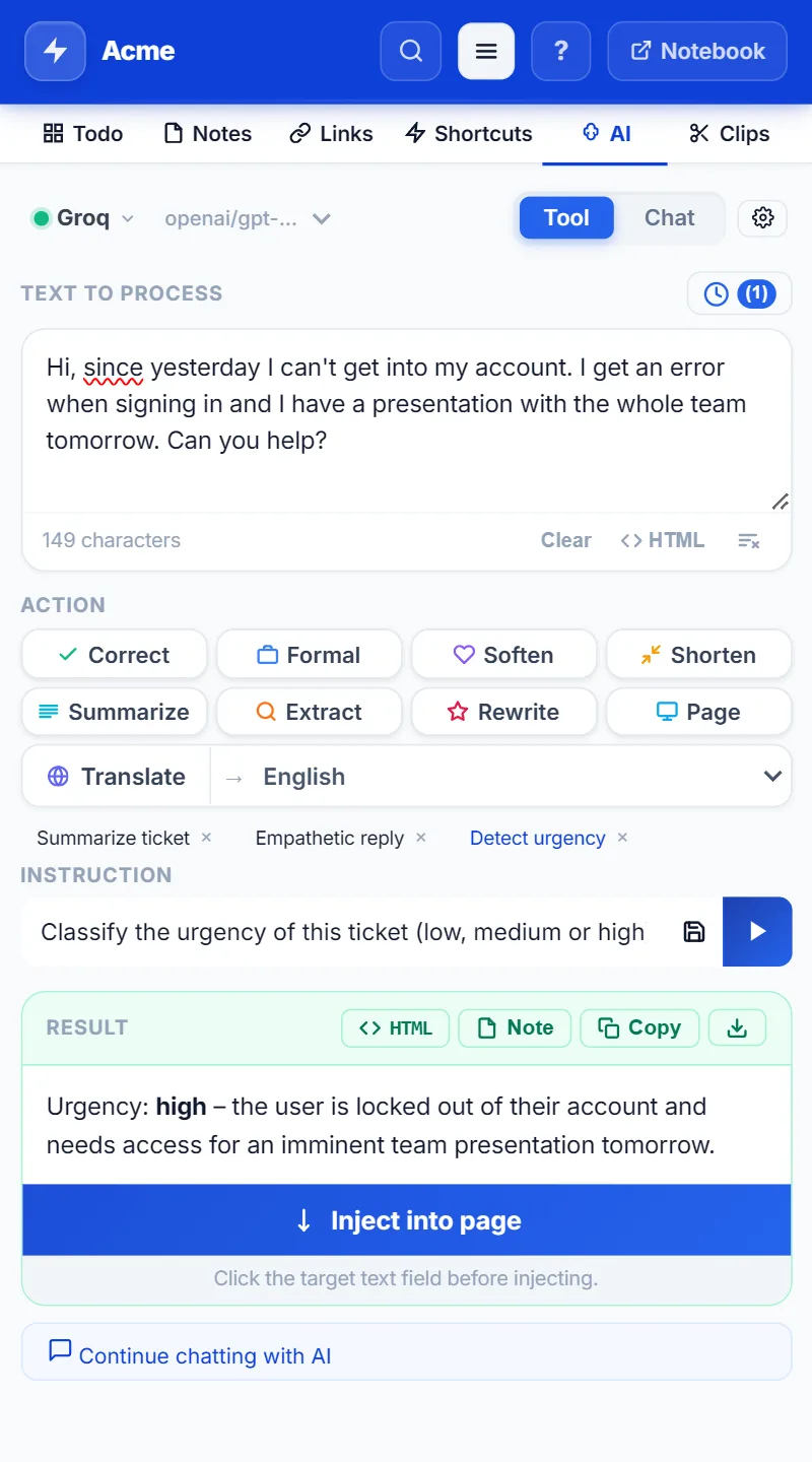 NexoPad side panel with saved AI prompts and the result of detecting urgency