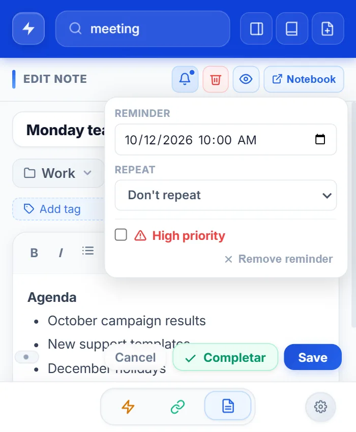 NexoPad-Notizeditor mit geöffneter Erinnerungsauswahl