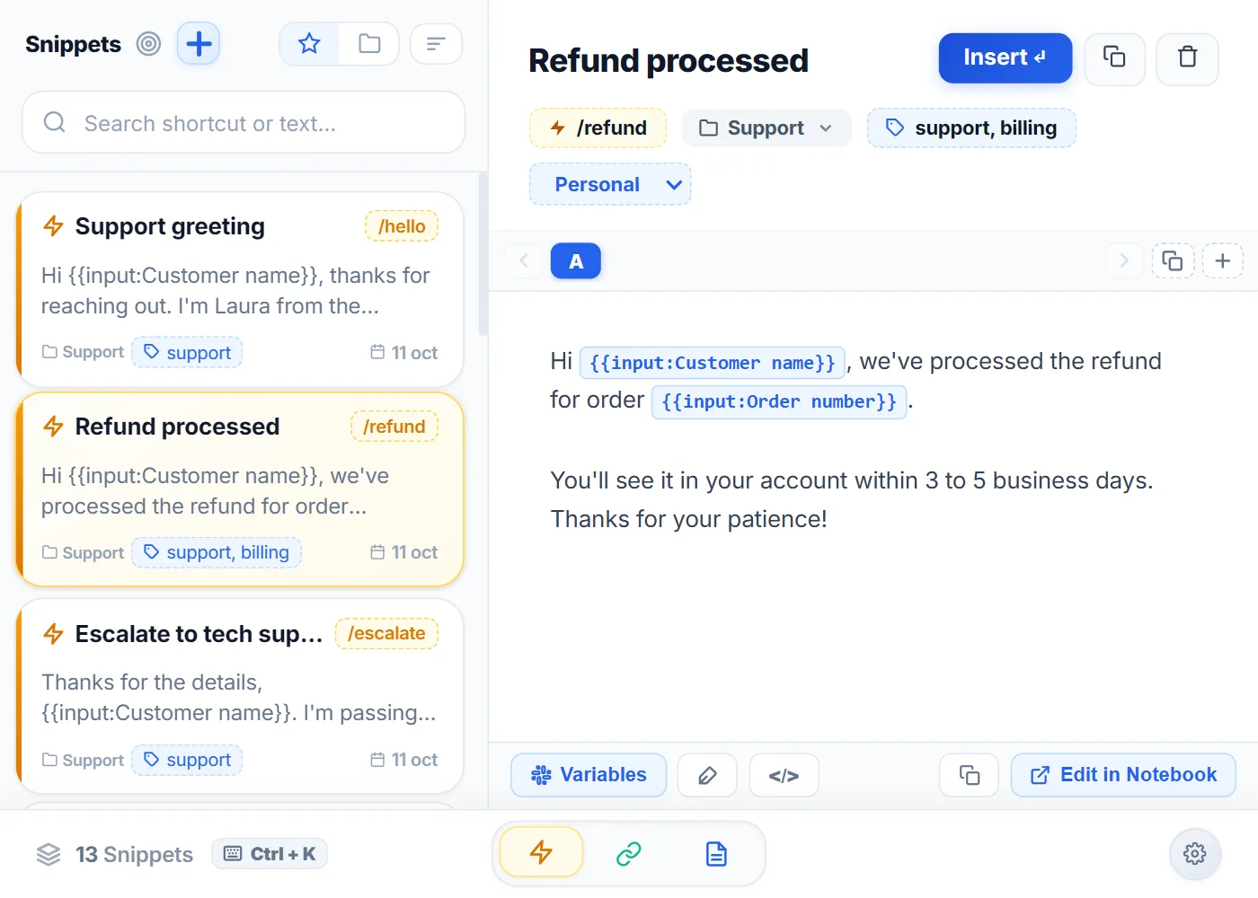 NexoPad Snippets view with the refund template open