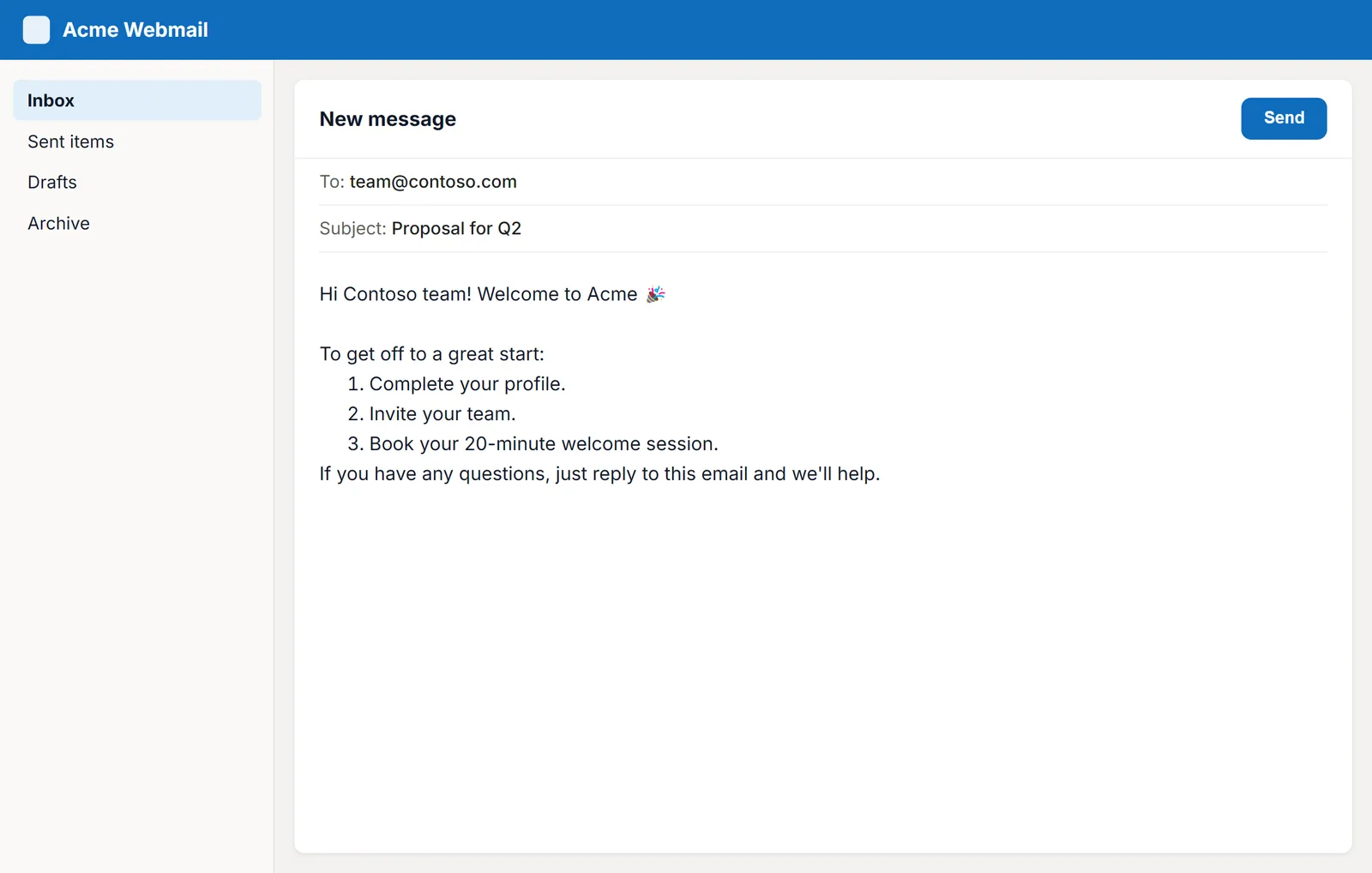 Willkommens-E-Mail mit nummerierten Schritten in einem Webmailer
