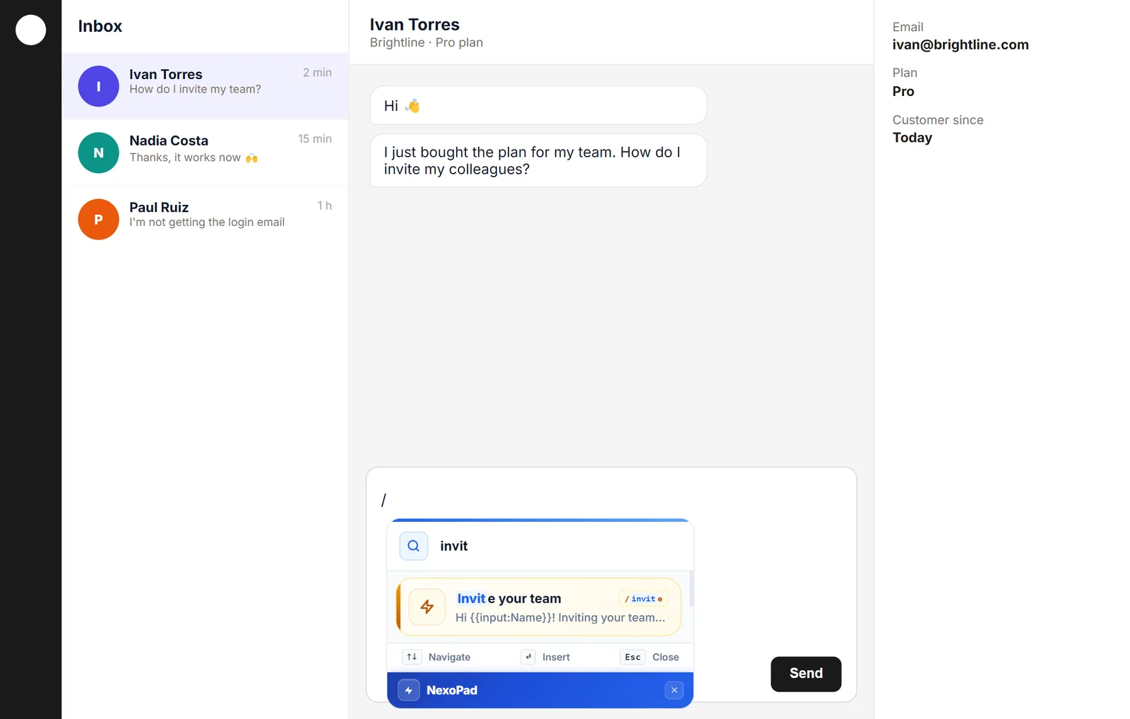 NexoPad-Suche mit // in einem Support-Chat