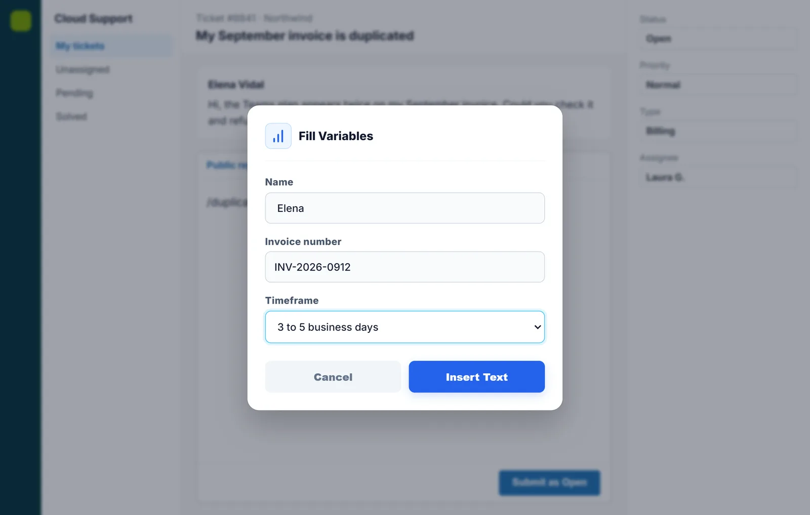 NexoPad-Fenster zum Ausfüllen von Name, Rechnung und Frist in einem Ticketsystem