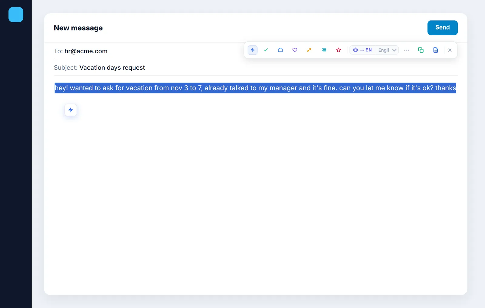 Lockerer Entwurf in einer E-Mail markiert, mit der KI-Leiste von NexoPad