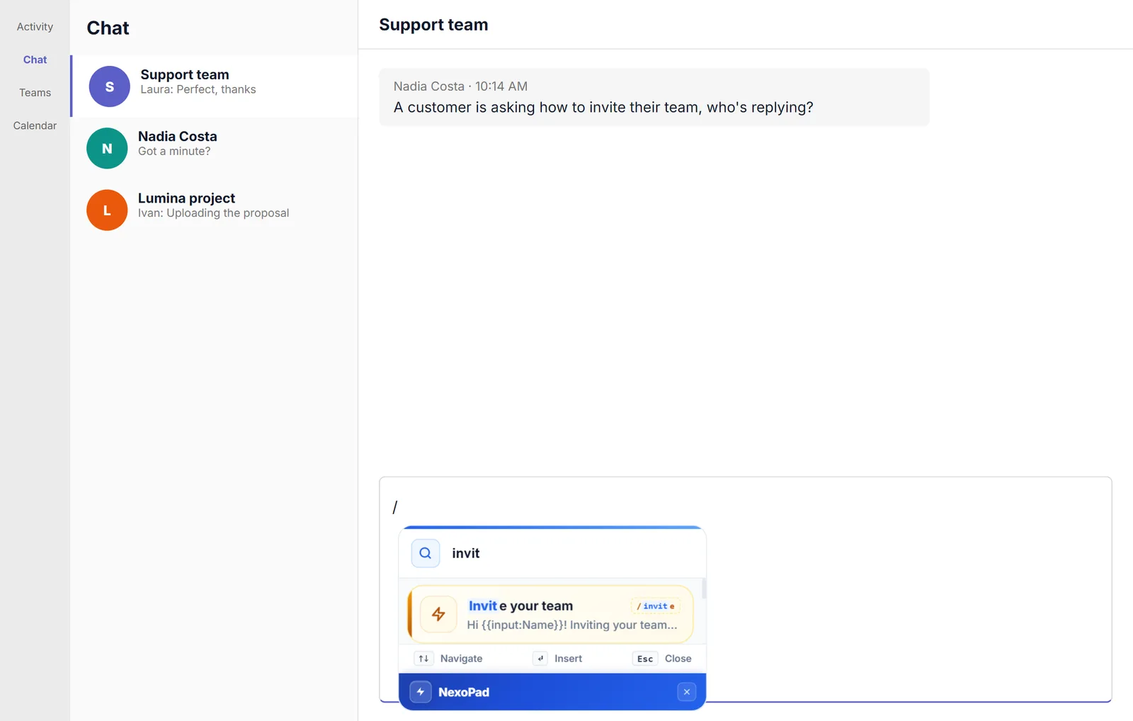 NexoPad-Suche mit // in einem Team-Chat im Teams-Stil