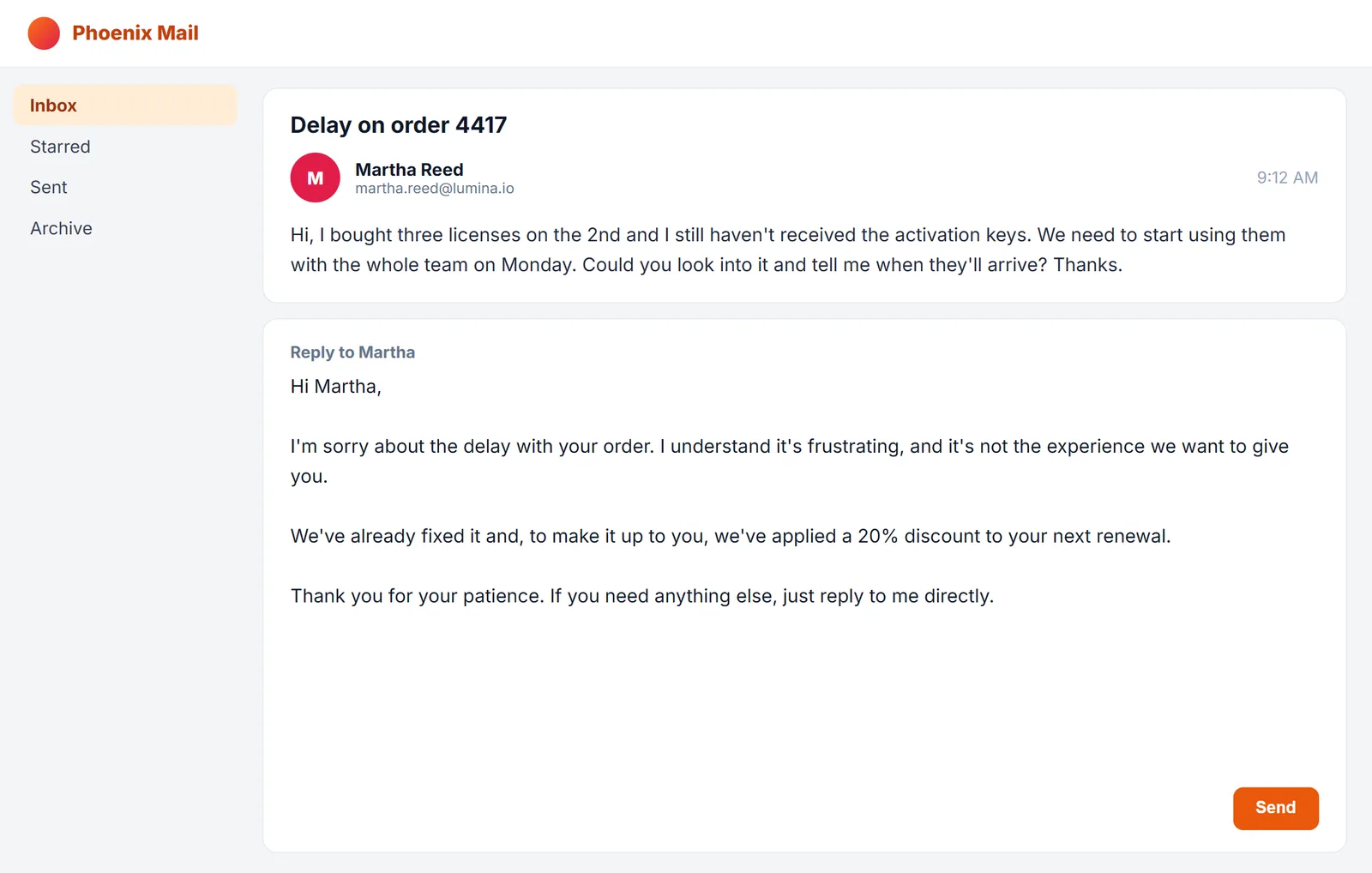 Apology email to a customer for a delay, written in the reply box