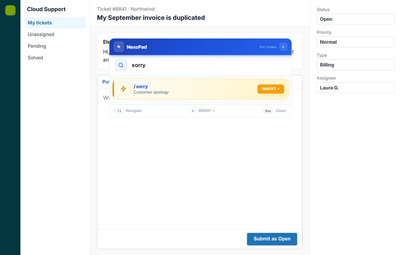 Recherche Ctrl+K de NexoPad dans un outil de tickets