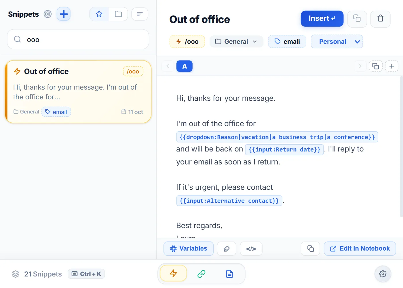 Vue Snippets de NexoPad avec le modèle d'absence du bureau et ses variables