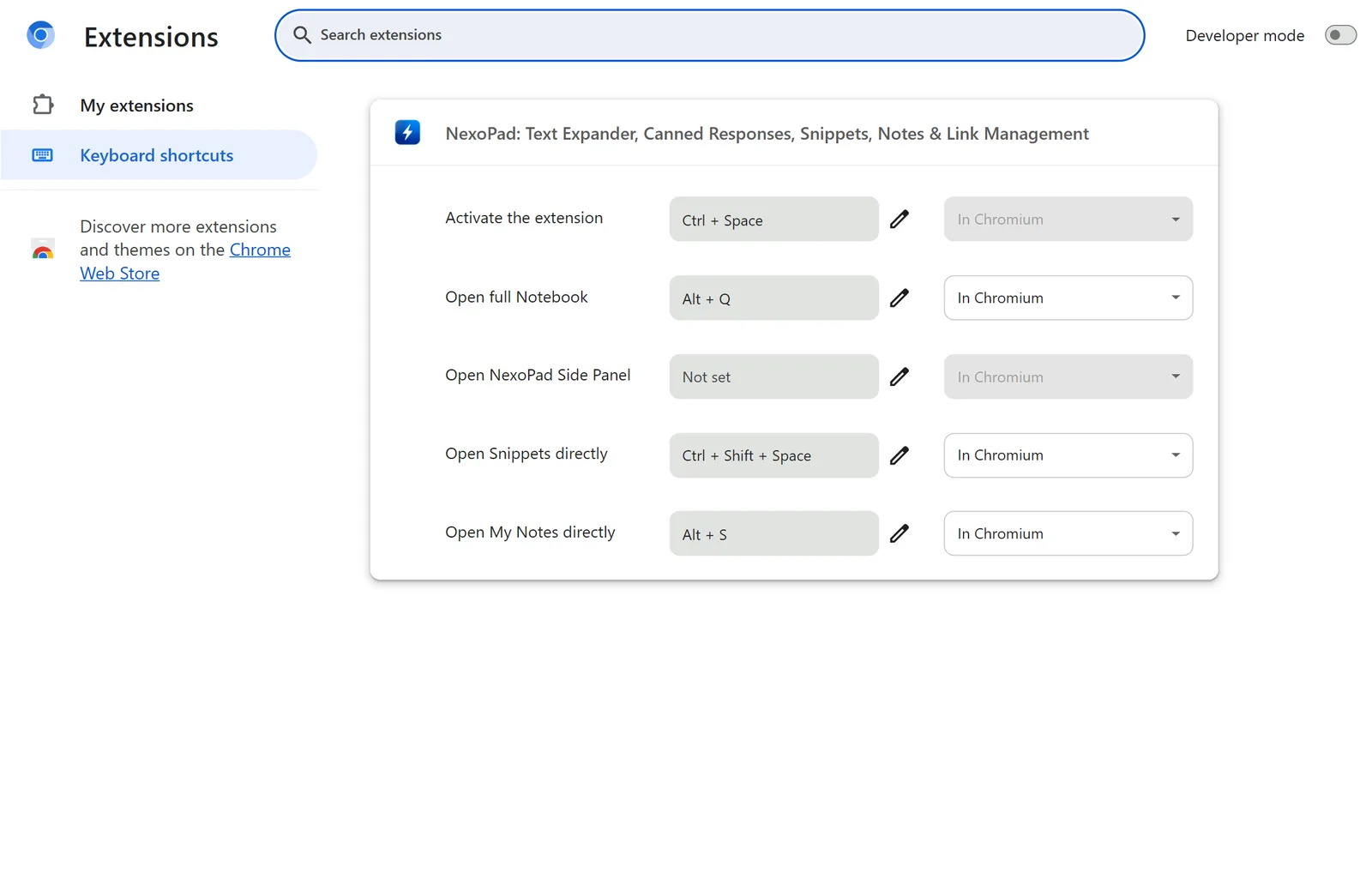 Chrome-Seite für Erweiterungs-Tastenkombinationen mit den Kombinationen von NexoPad