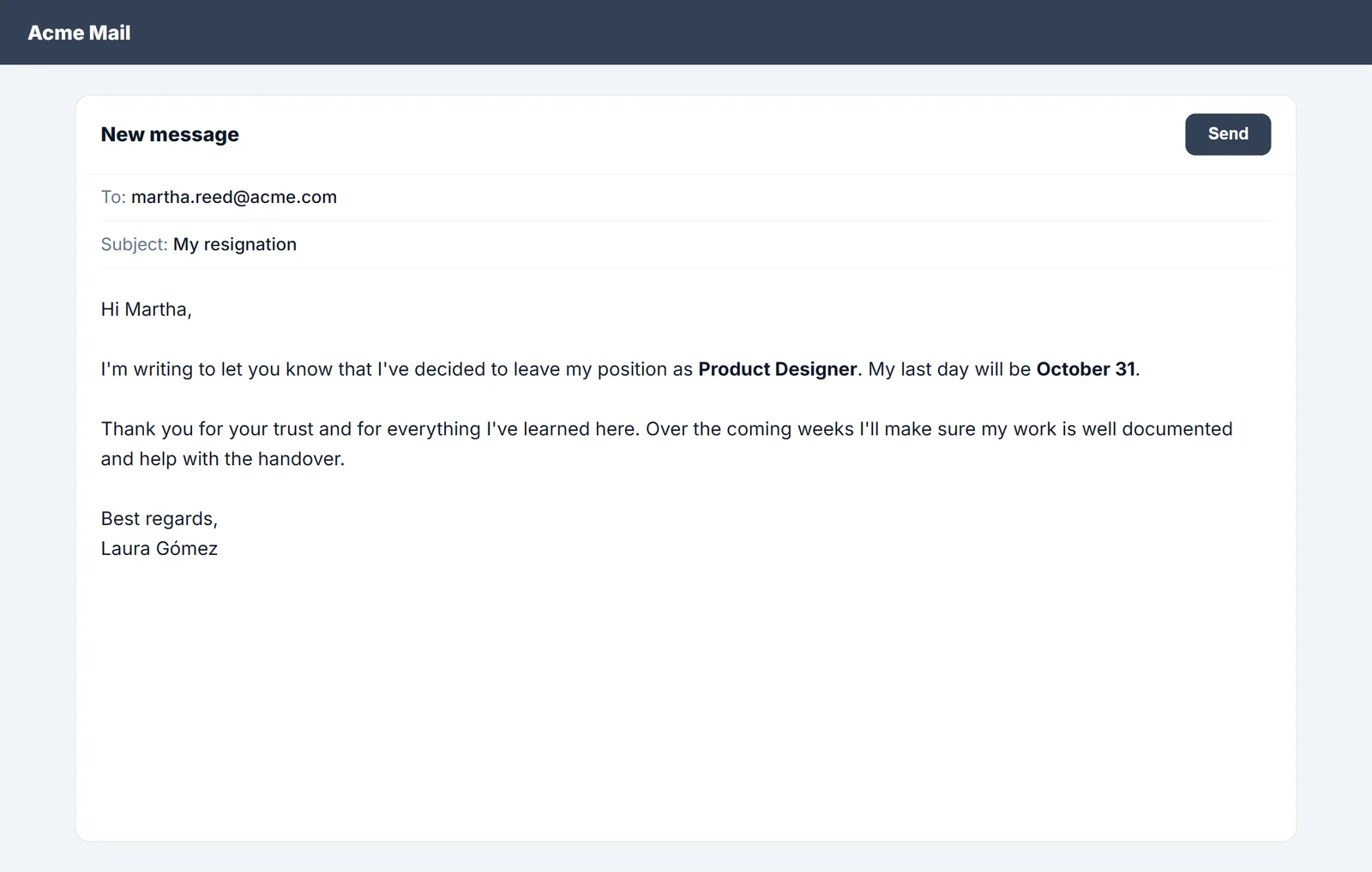 Kündigungs-E-Mail in einem Webmail-Programm