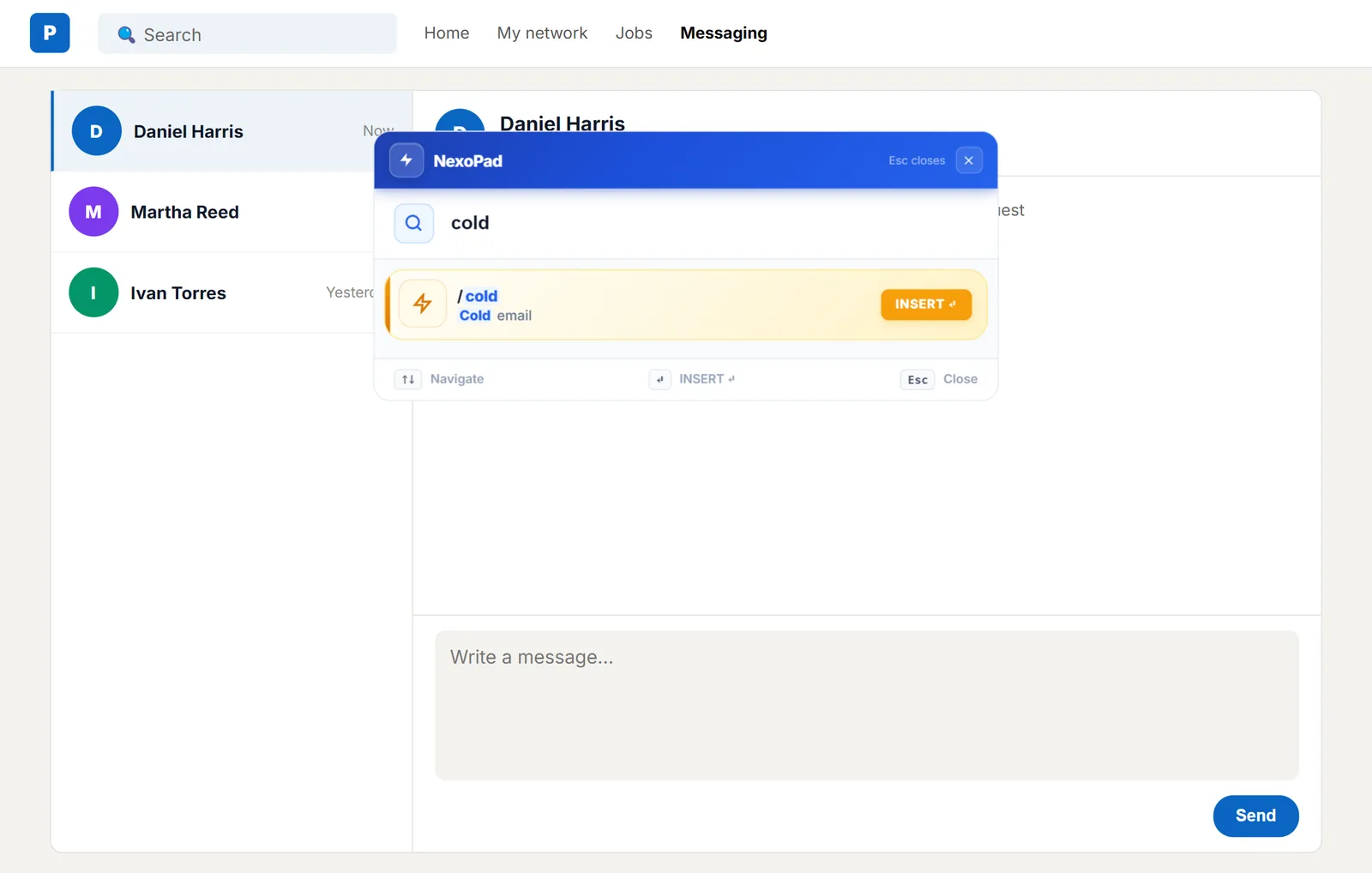 NexoPad-Suche mit Ctrl+K in einem Business-Netzwerk, um die Kaltakquise-E-Mail zu finden