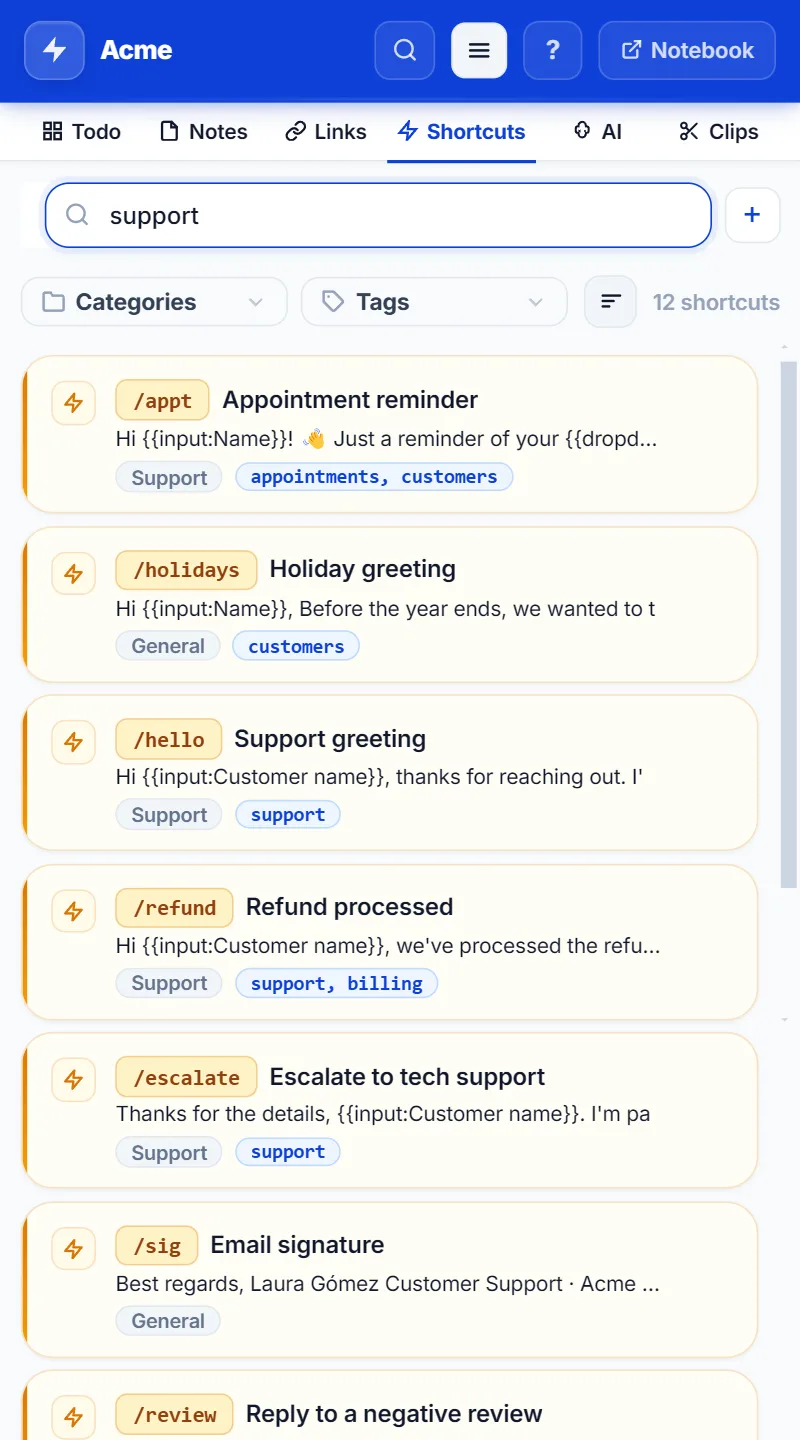 NexoPad-Seitenleiste mit Support-Antworten
