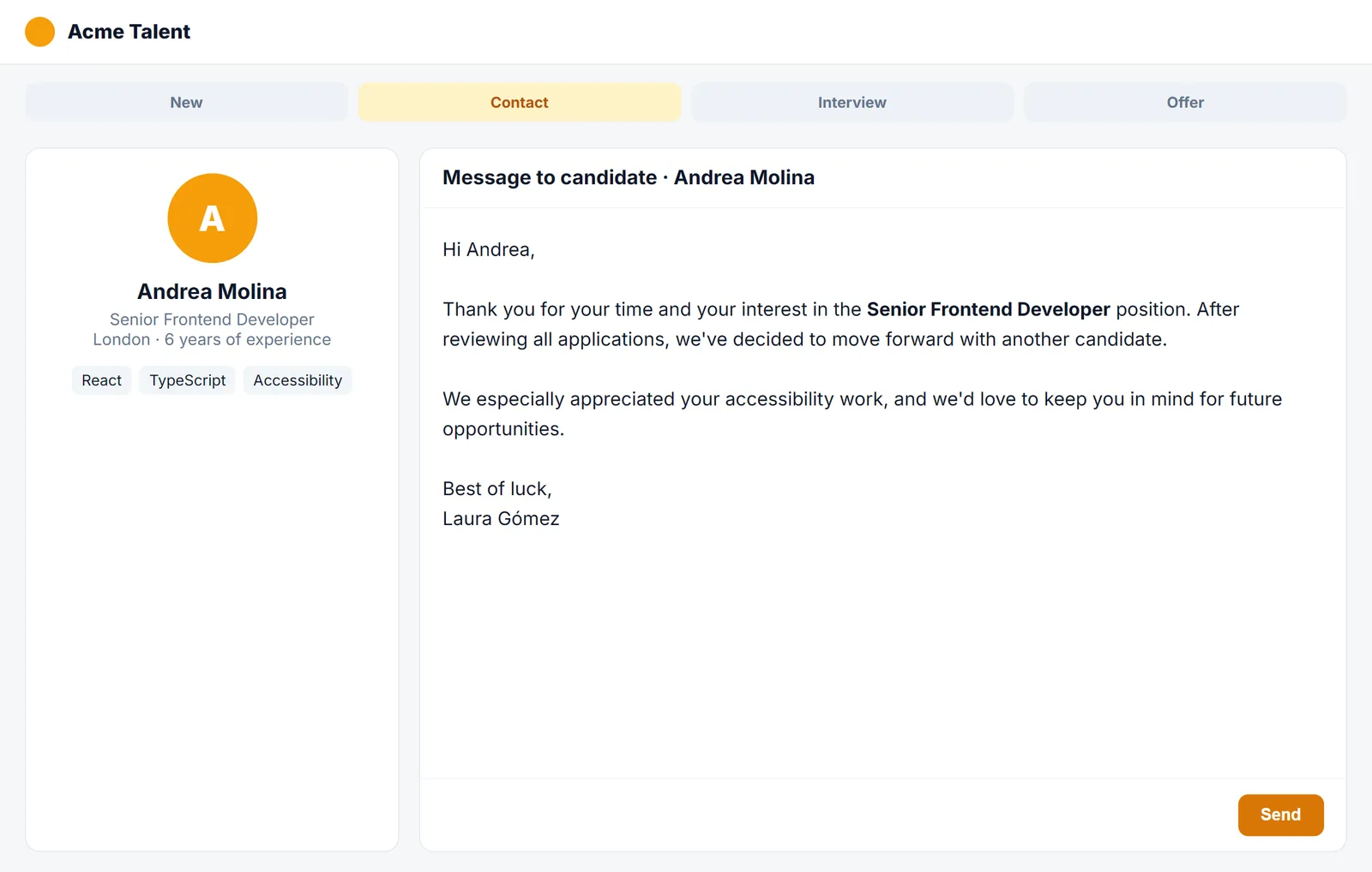 Absage an einen Kandidaten, geschrieben in einem Recruiting-Tool