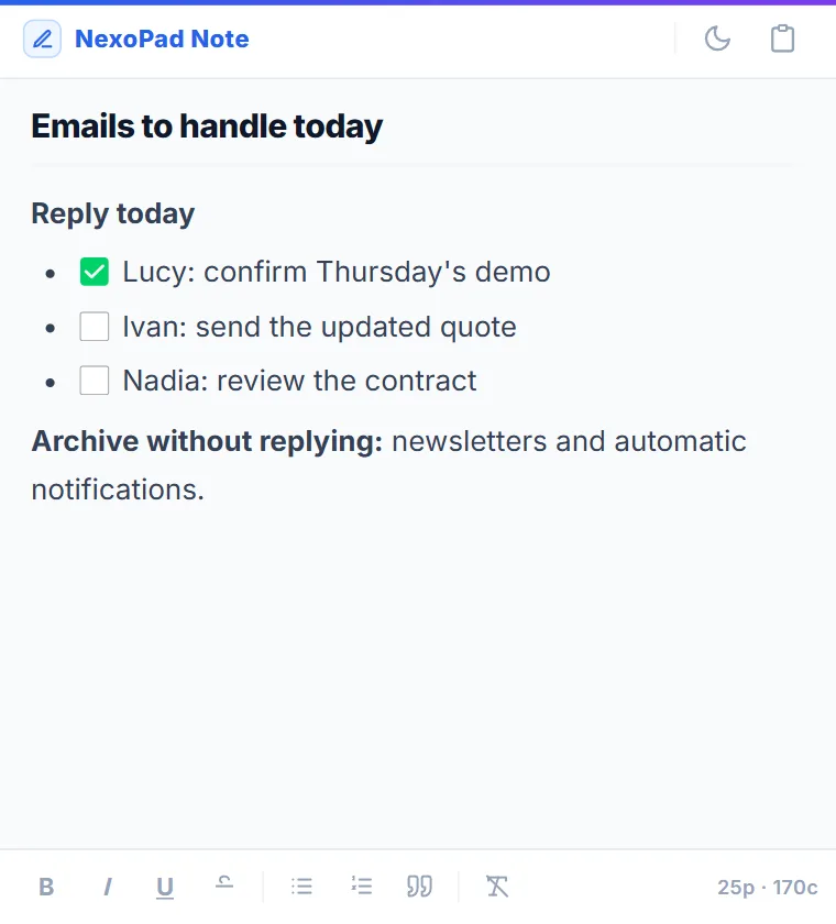 Schwebende NexoPad-Notiz mit den offenen E-Mails des Tages