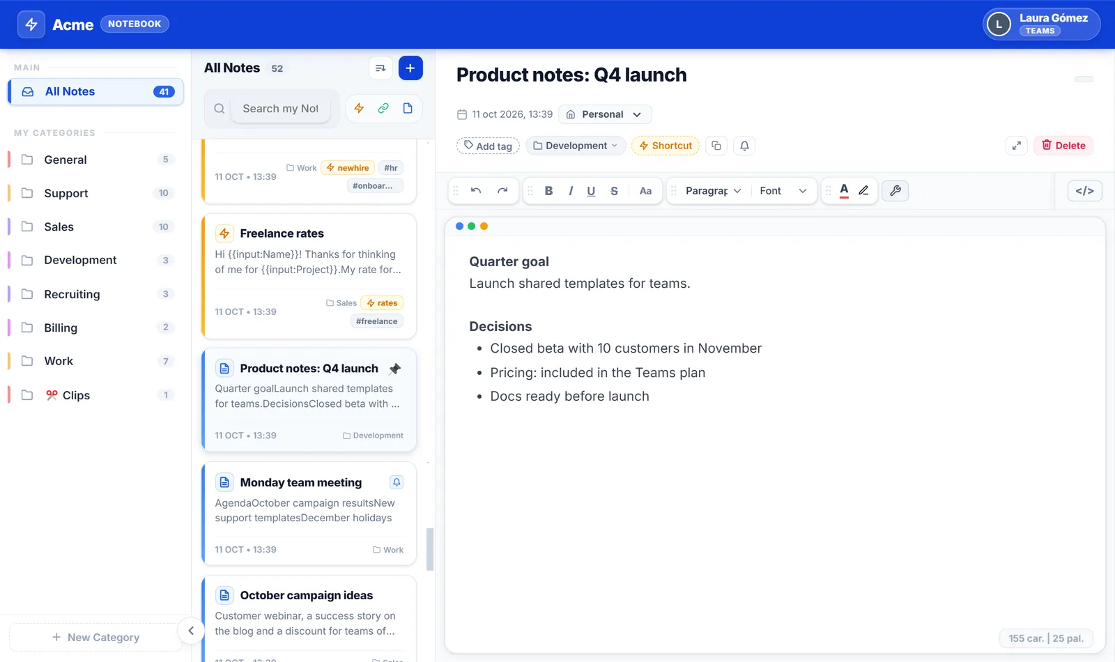 NexoPad-Notebook mit geöffneten Produktnotizen