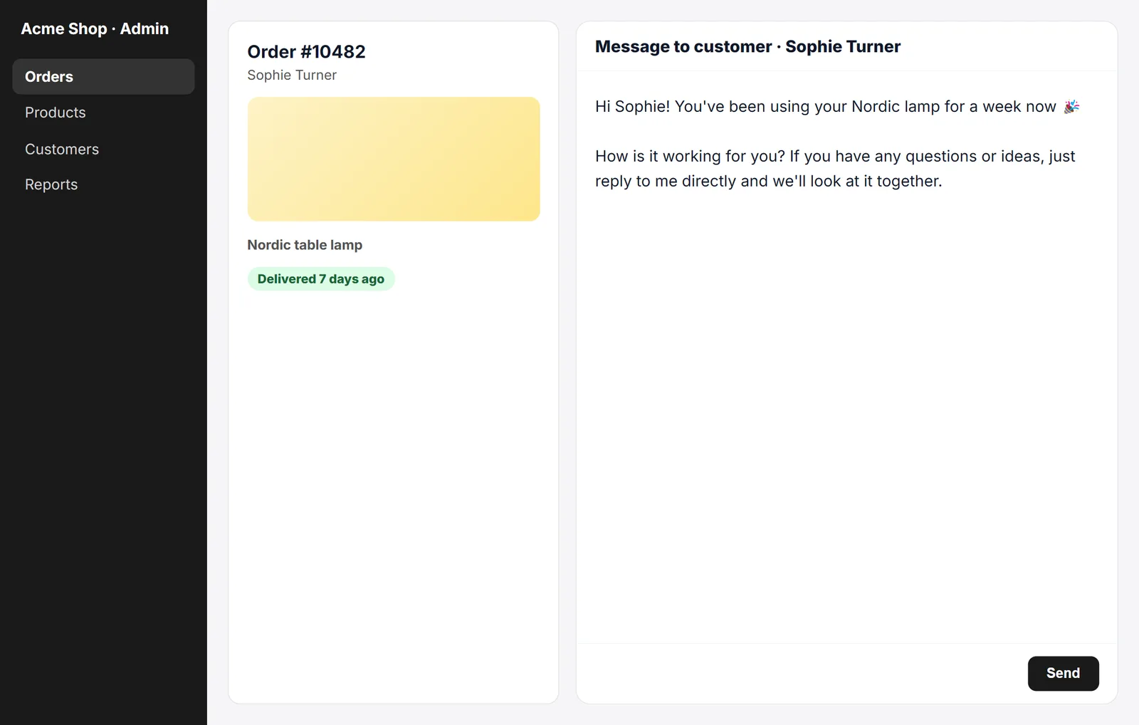 Follow-up-Nachricht nach dem Kauf, geschrieben im Backend eines Onlineshops