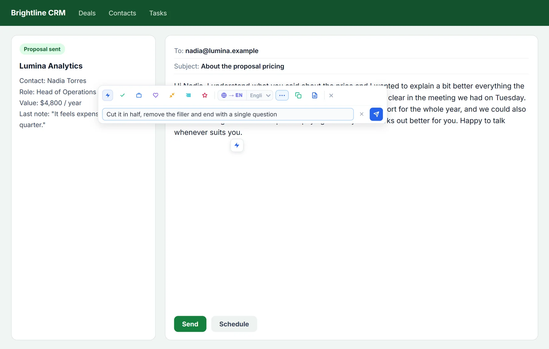 NexoPad AI bar over a sales email draft with a custom instruction typed in
