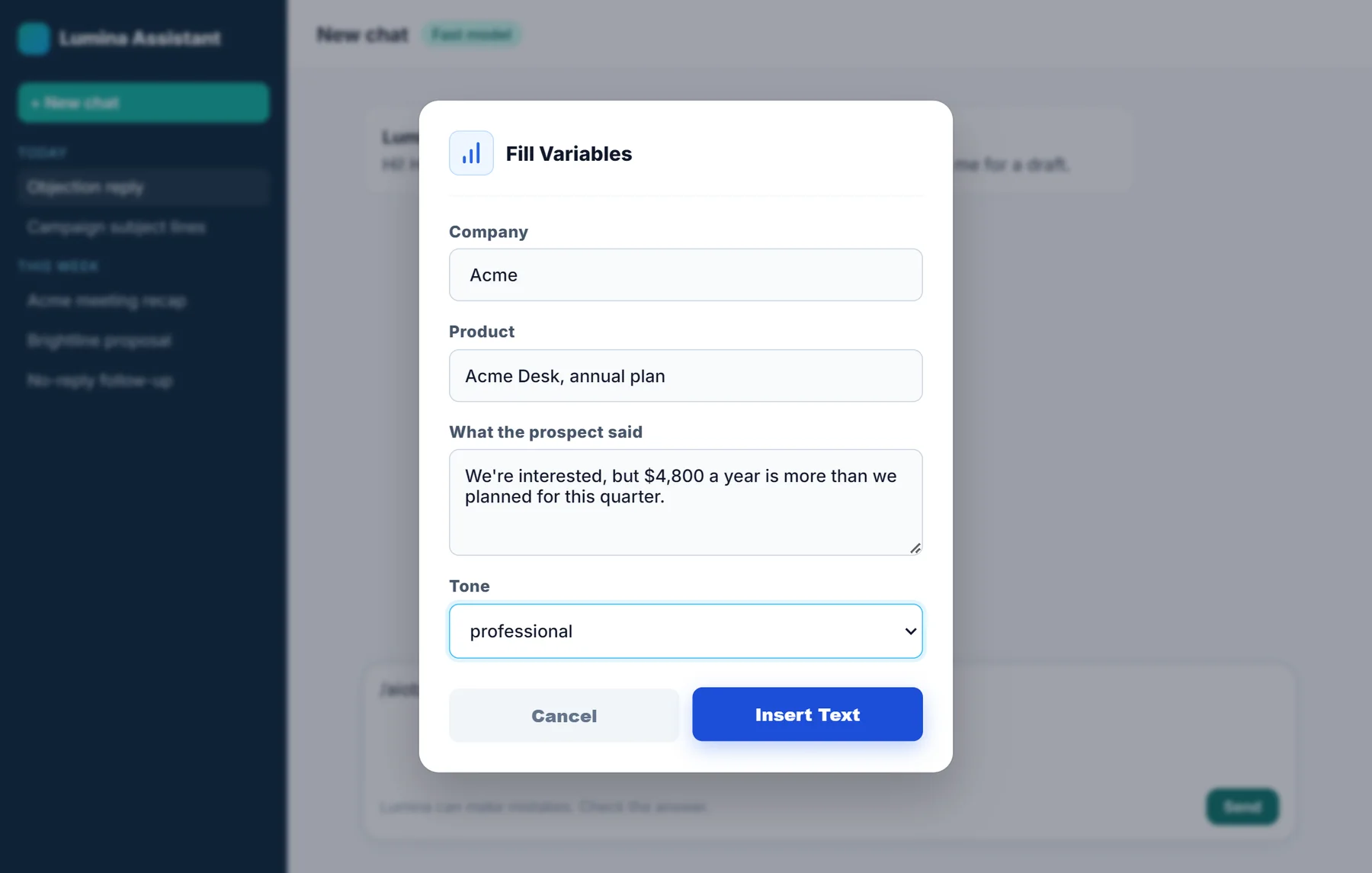 NexoPad box for filling in the variables of a prompt saved as a shortcut in an AI chat