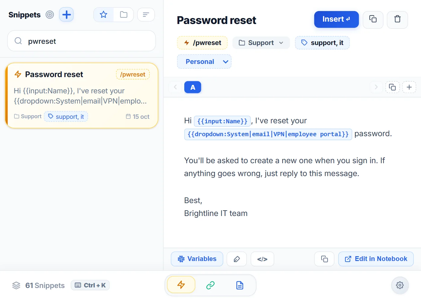 Snippets-Ansicht im NexoPad-Popup mit der Vorlage zum Zurücksetzen des Passworts und ihren Variablen