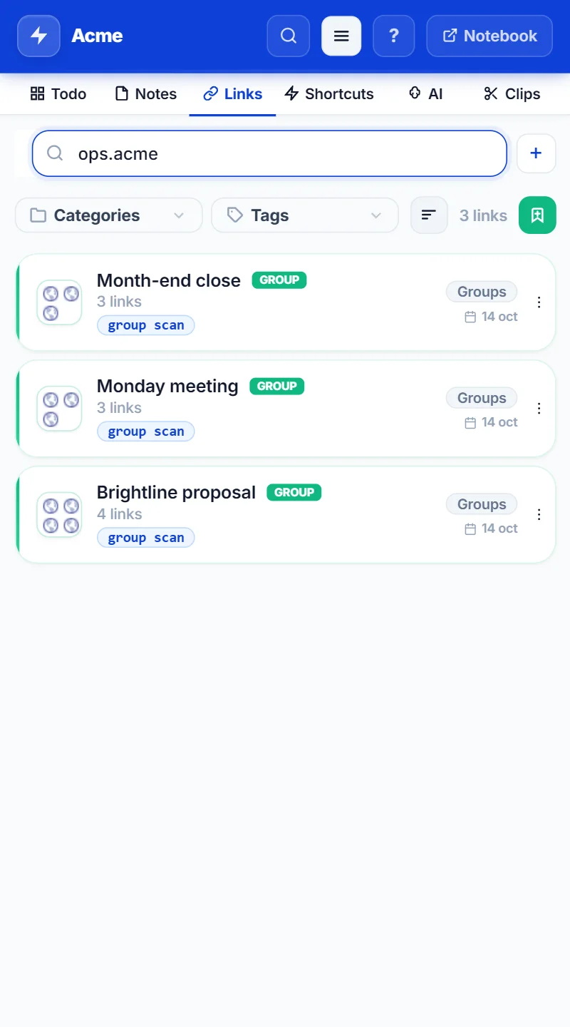 NexoPad-Seitenleiste mit drei Linkgruppen für die Arbeit