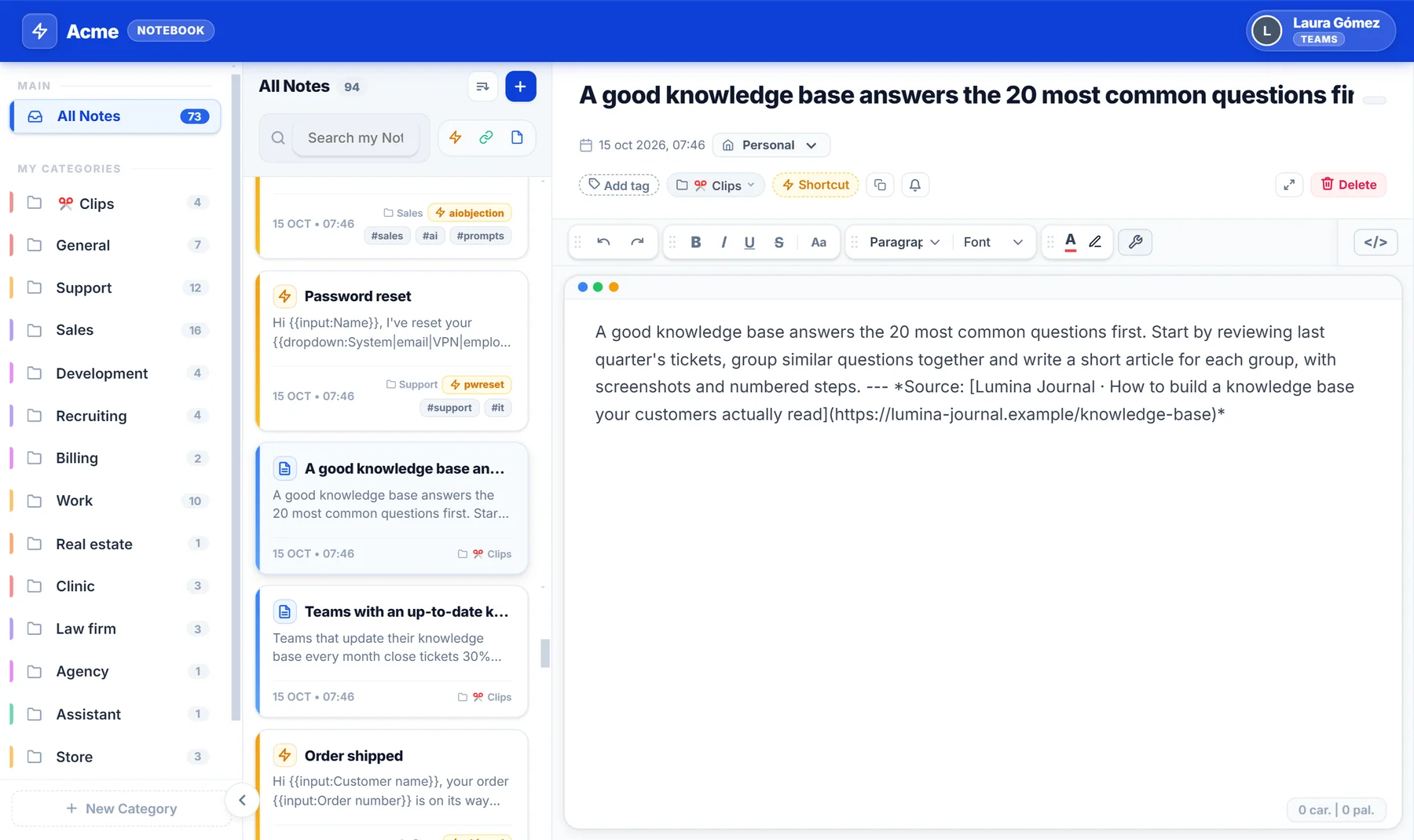 NexoPad-Clip im Notebook geöffnet, mit dem gespeicherten Text und dem Link zur Ursprungsseite