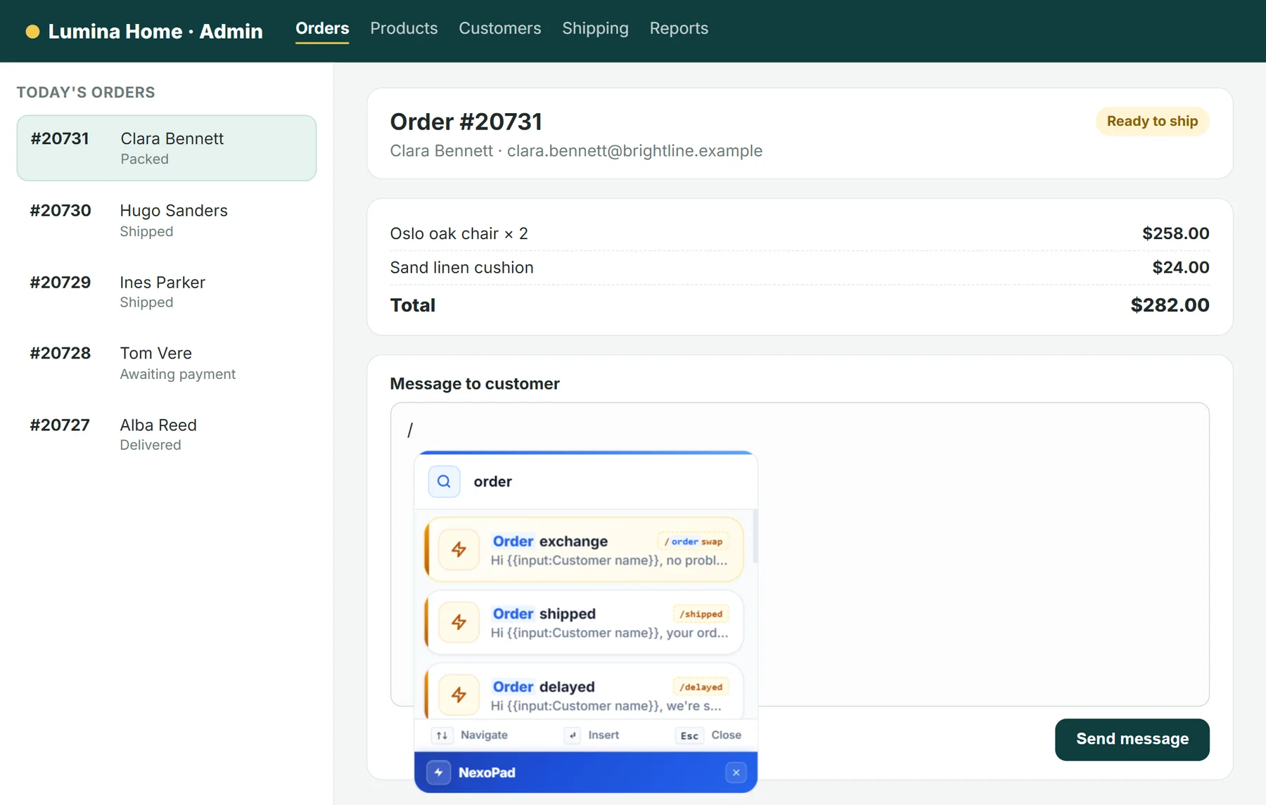 NexoPad-Suche mit // zeigt Bestellvorlagen in einem fiktiven Bestell-Dashboard