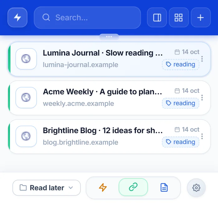 NexoPad popup showing the Read later category with three saved articles